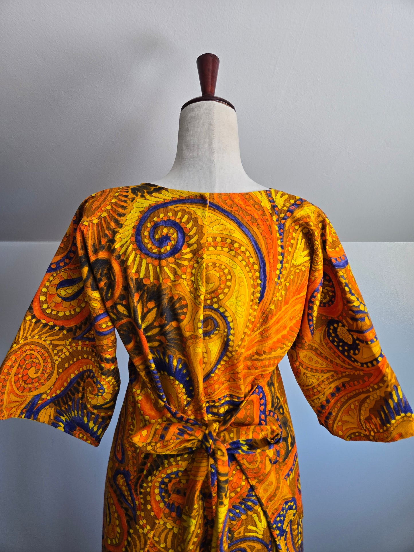 Vintage Barkcloth Orange Psychedelic Dayglo Print Maxi Dress - XS/S