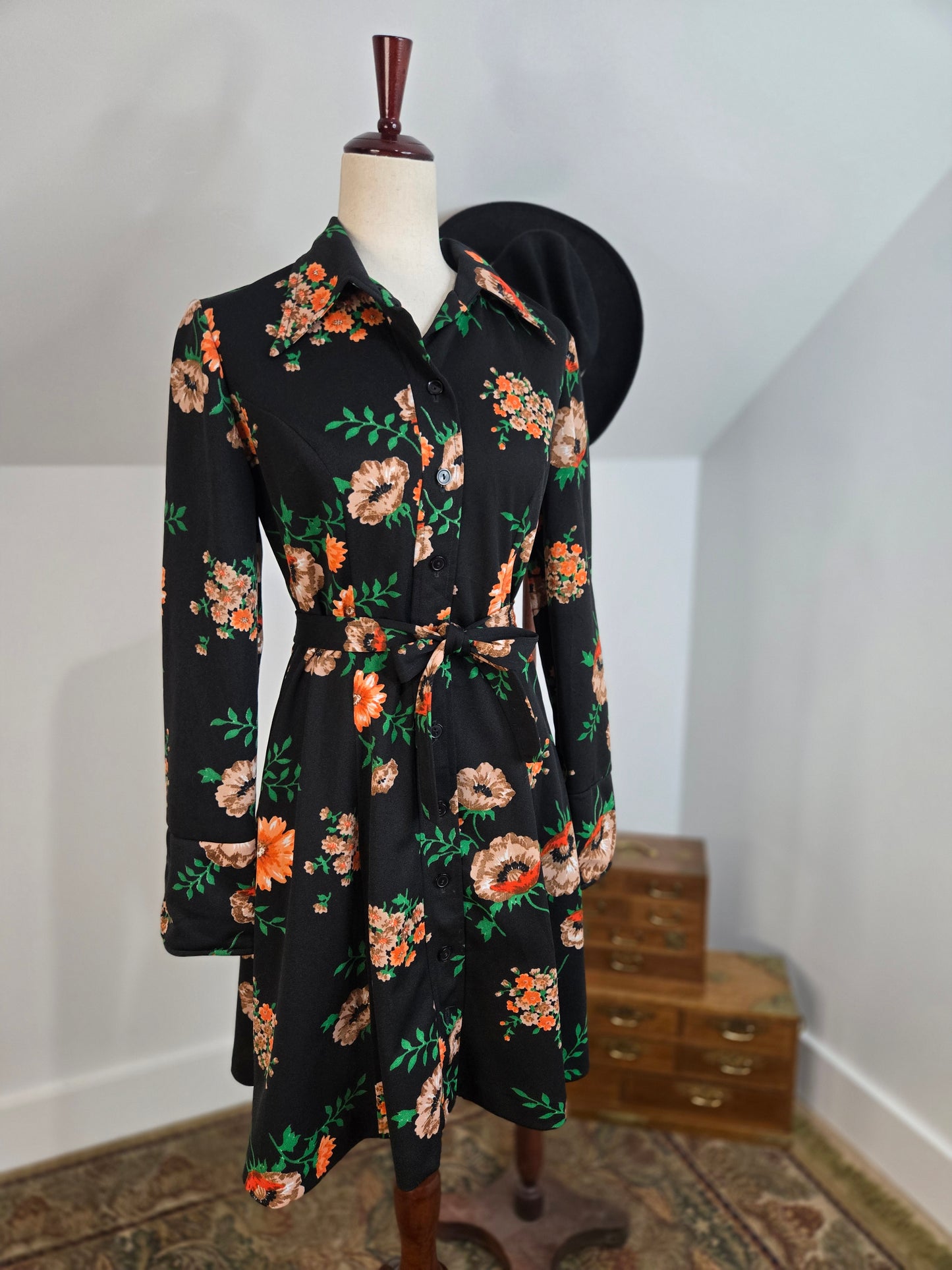 Vintage 70s Black Floral Union Made Mini Dress - medium