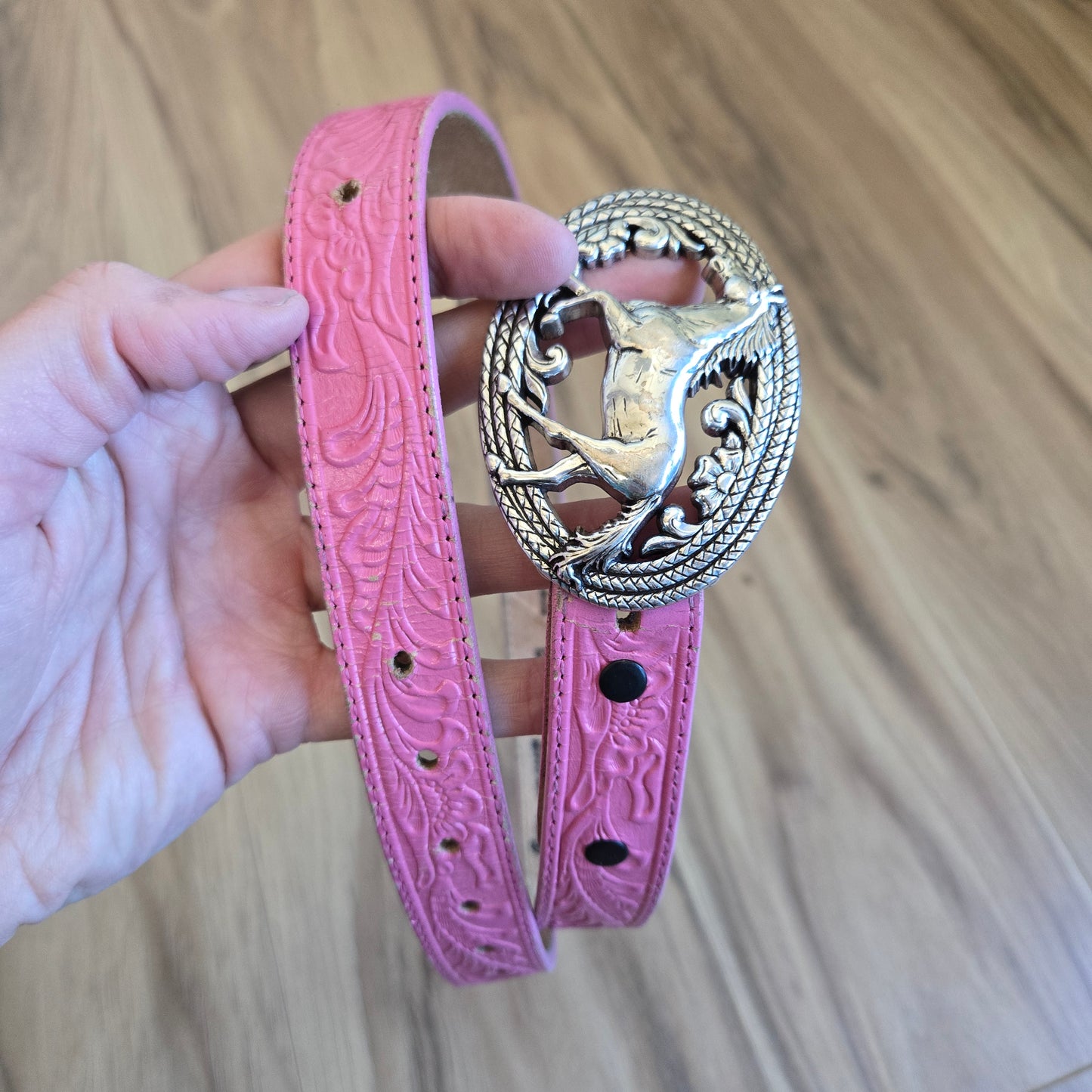 Vintage Justin Top Grain Pink Tooled Leather Belt with Horse Buckle