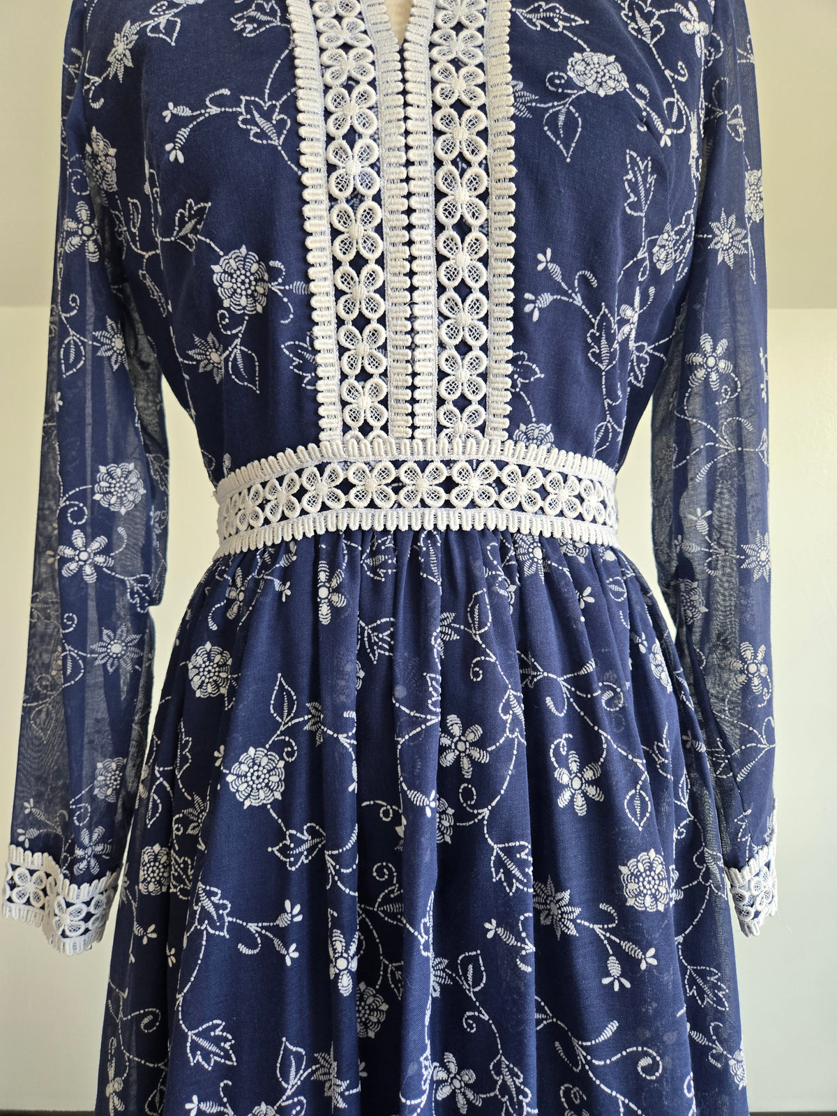 Vintage 70s Navy Blue Floral Embroirdered Maxi Dress - S/M