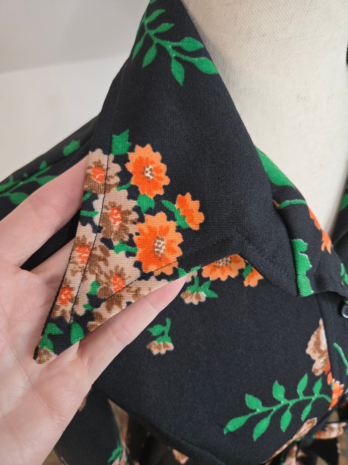 Vintage 70s Black Floral Union Made Mini Dress - medium