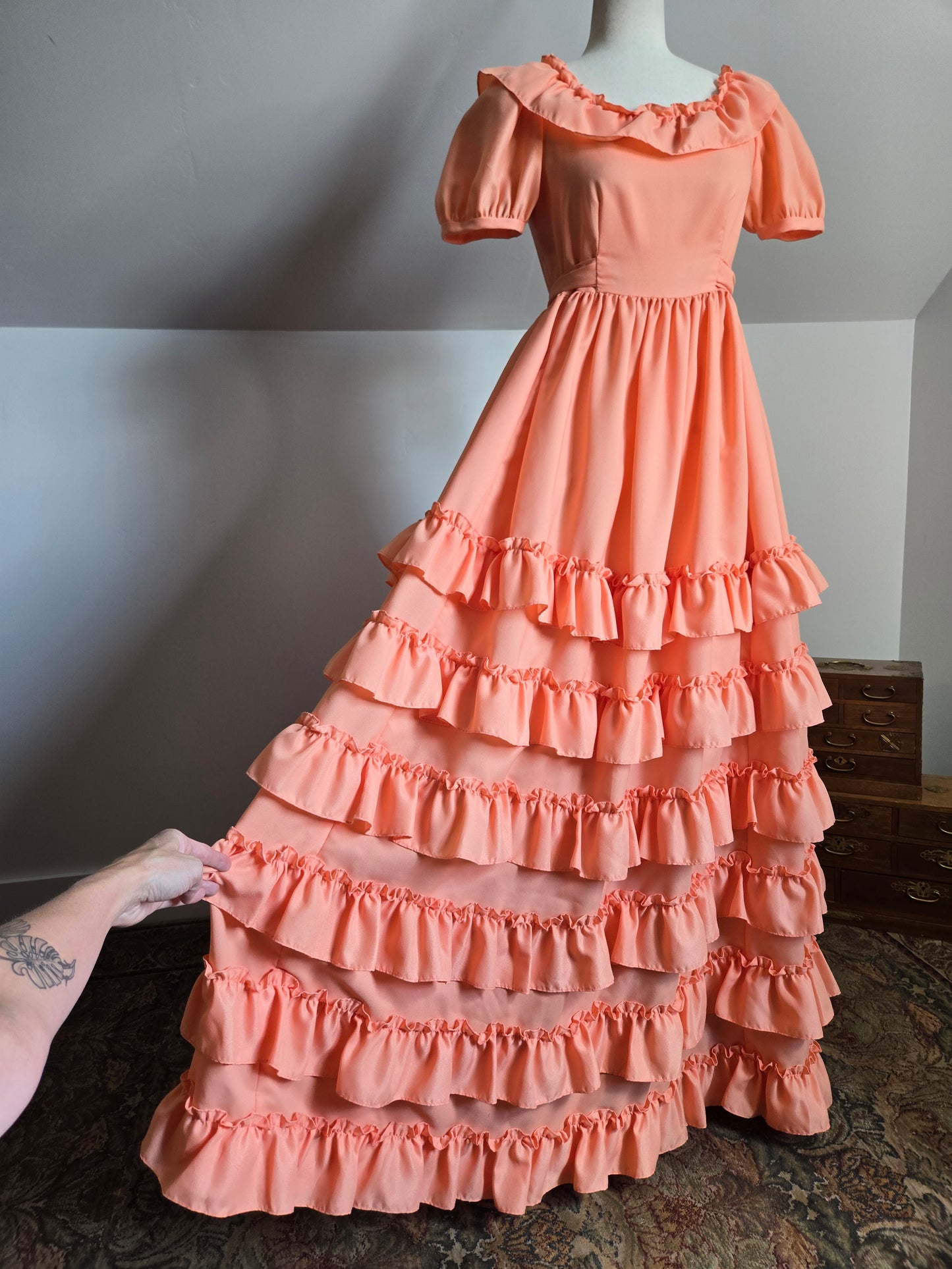 Vintage Peach Prairie Ruffled Dress - S/M