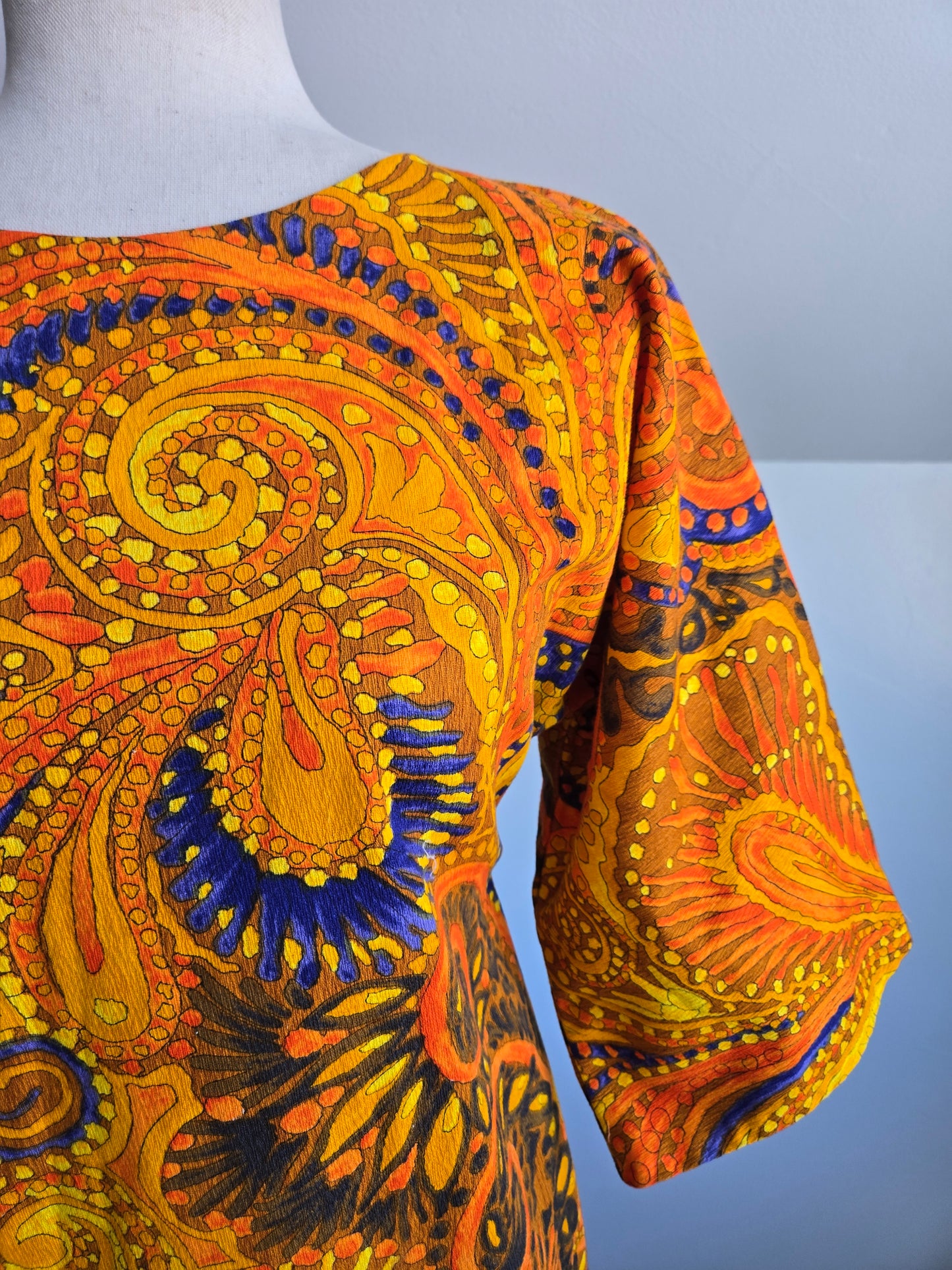 Vintage Barkcloth Orange Psychedelic Dayglo Print Maxi Dress - XS/S