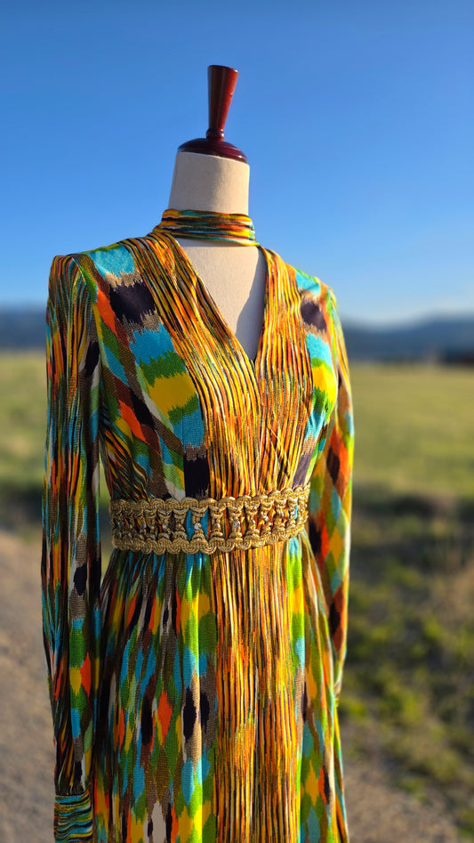 1970s Psychedelic Print Dress with Goddess Waist Belt - small/medium