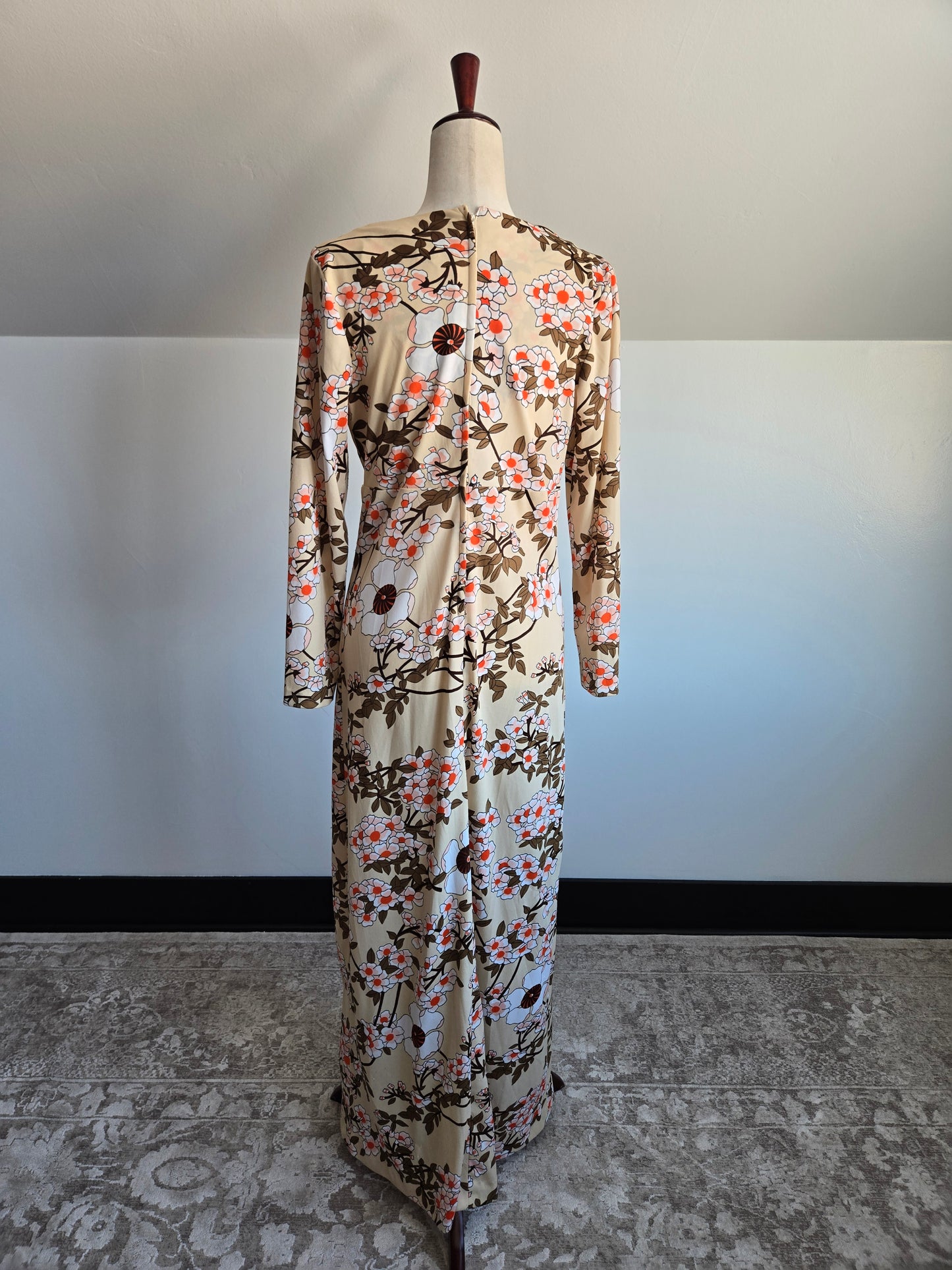 Vintage 70s Tan Floral Print Maxi Dress - medium