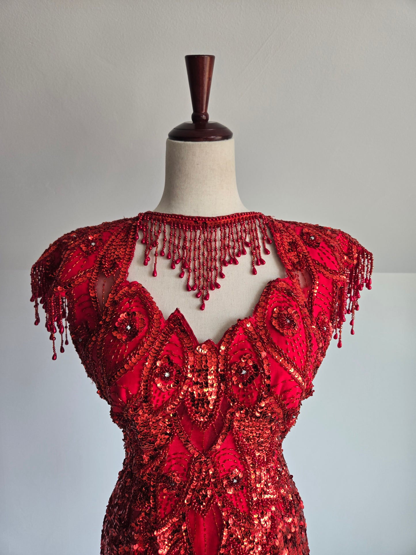 Miss Kansas Estate Vintage Red Beaded and Sequined Hand Made Dress - XS/S