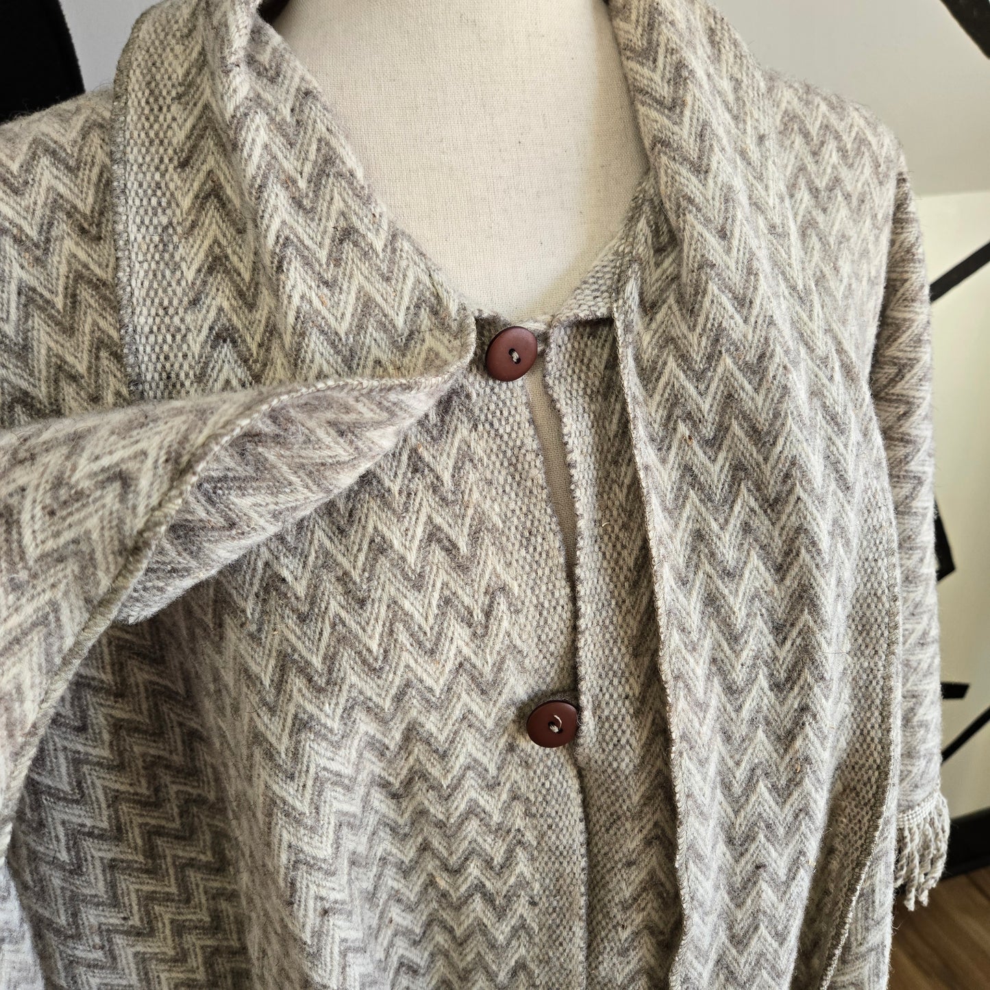 Wool 1950s Button Front Chevron Poncho - OS