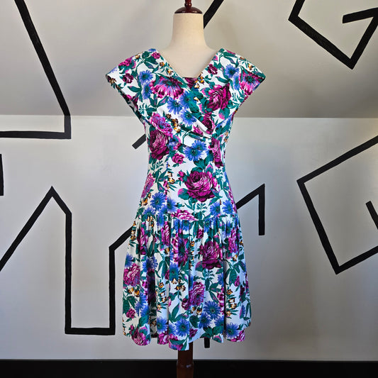 All That Jazz Vintage 80s Vibrant Floral Drop Waist Dress - XS/Small