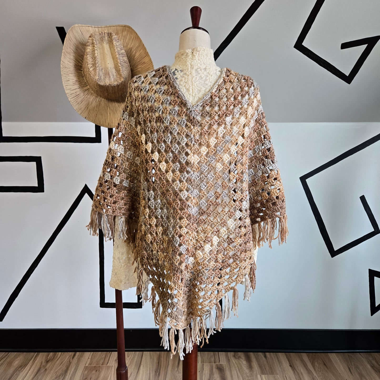 Vintage Handmade Brown/Gray/Ivory Crochet Poncho with Beaded Tie Front - OS