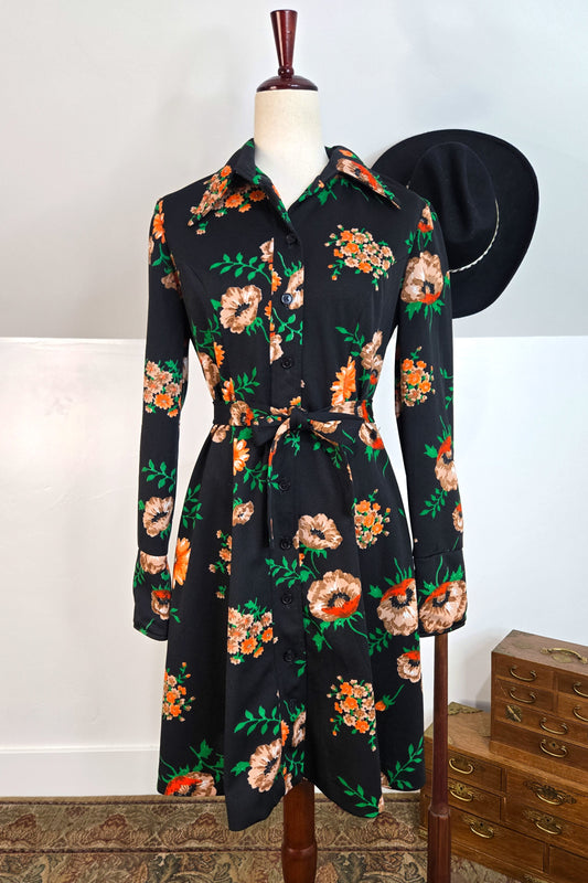 Vintage 70s Black Floral Union Made Mini Dress - medium