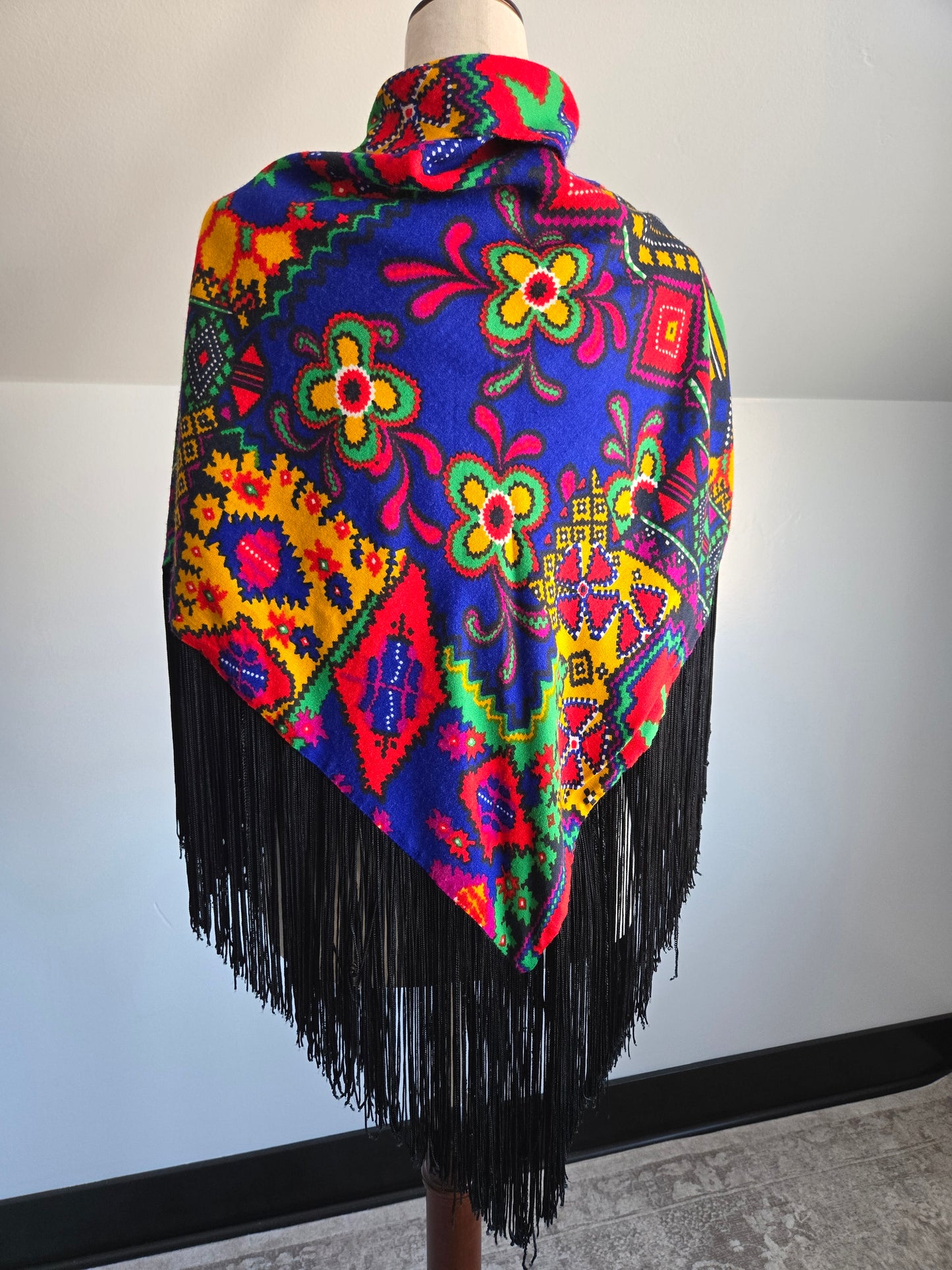 Vintage Barkcloth Dayglo Shawl with Fringe - OS