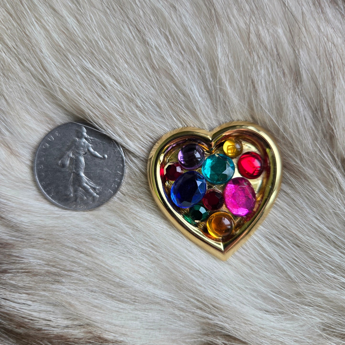 Vintage Gold Tone Rainbow Gem Heart Brooch