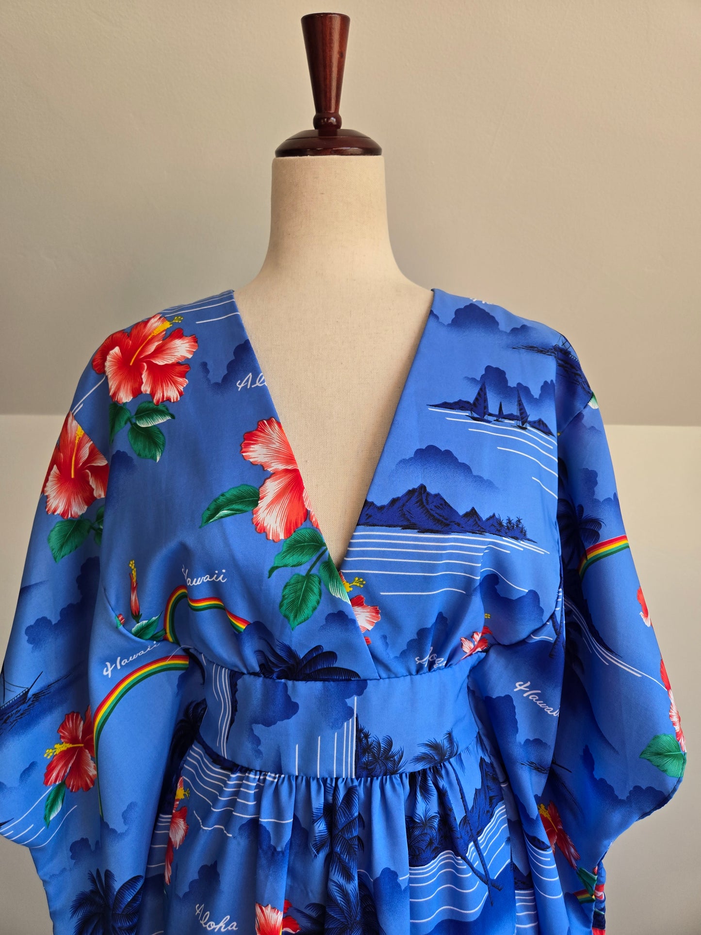 Made in Hawaii Blue Beach Scene and Rainbows Caftan - OS
