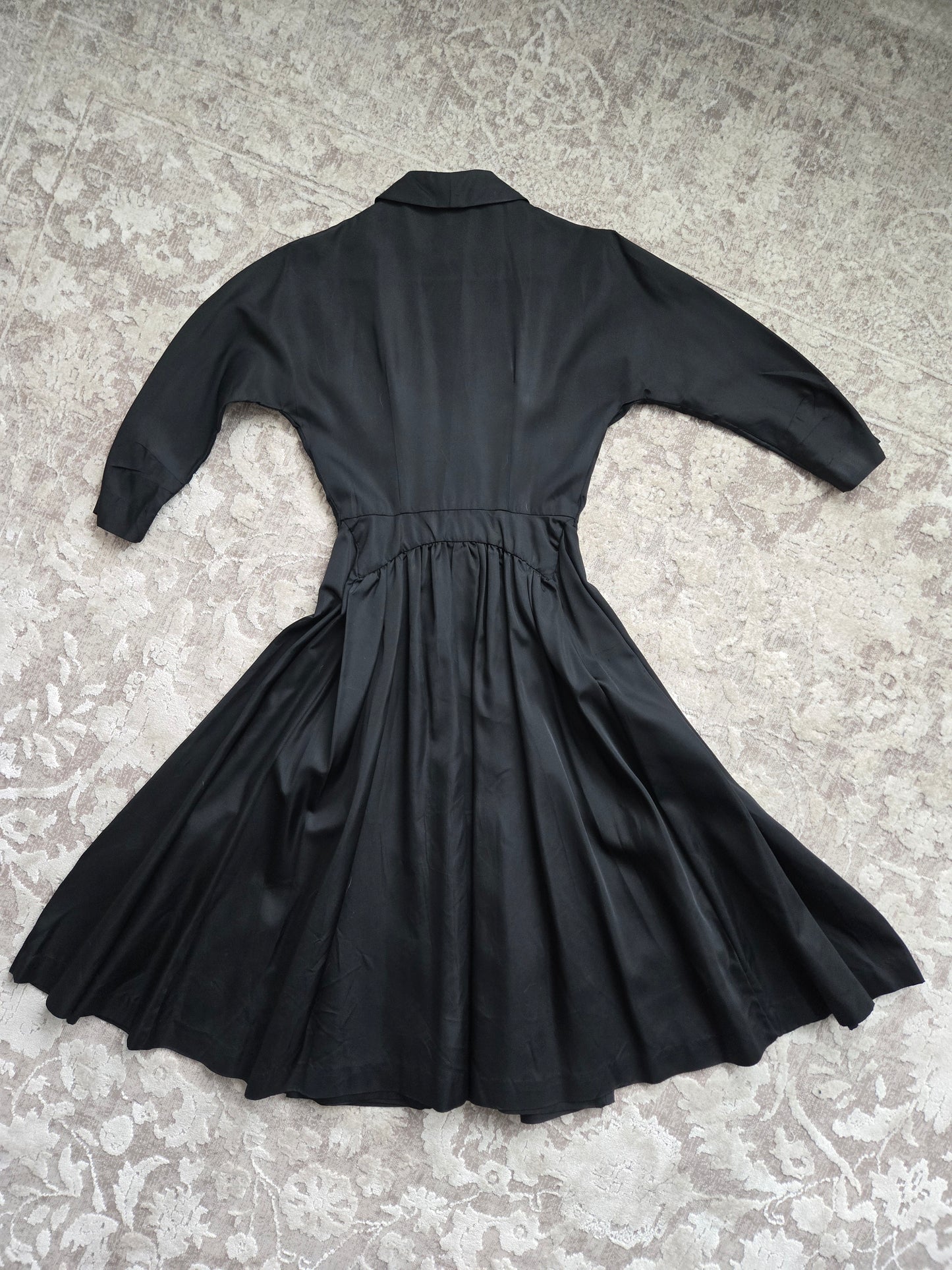 Vintage 1940s Black Satin Day Dress - Small