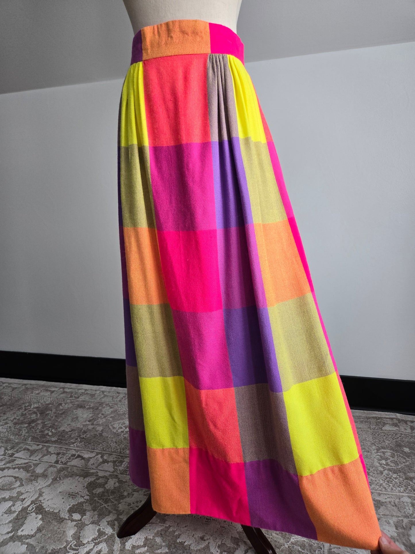 Vintage 70s Neon Plaid Matching Skirt and Scarf Set - W28"