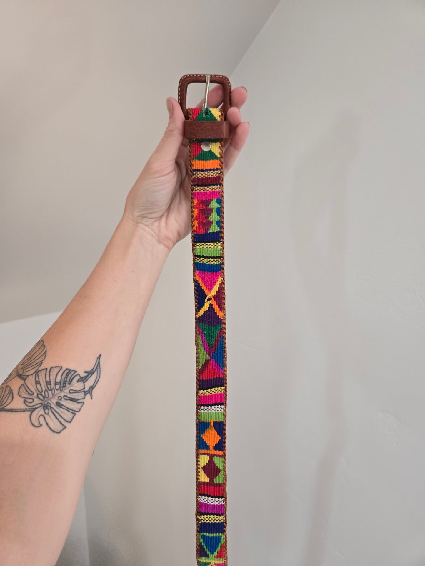 Vintage Leather and Colorful Woven Belt - W32-36"