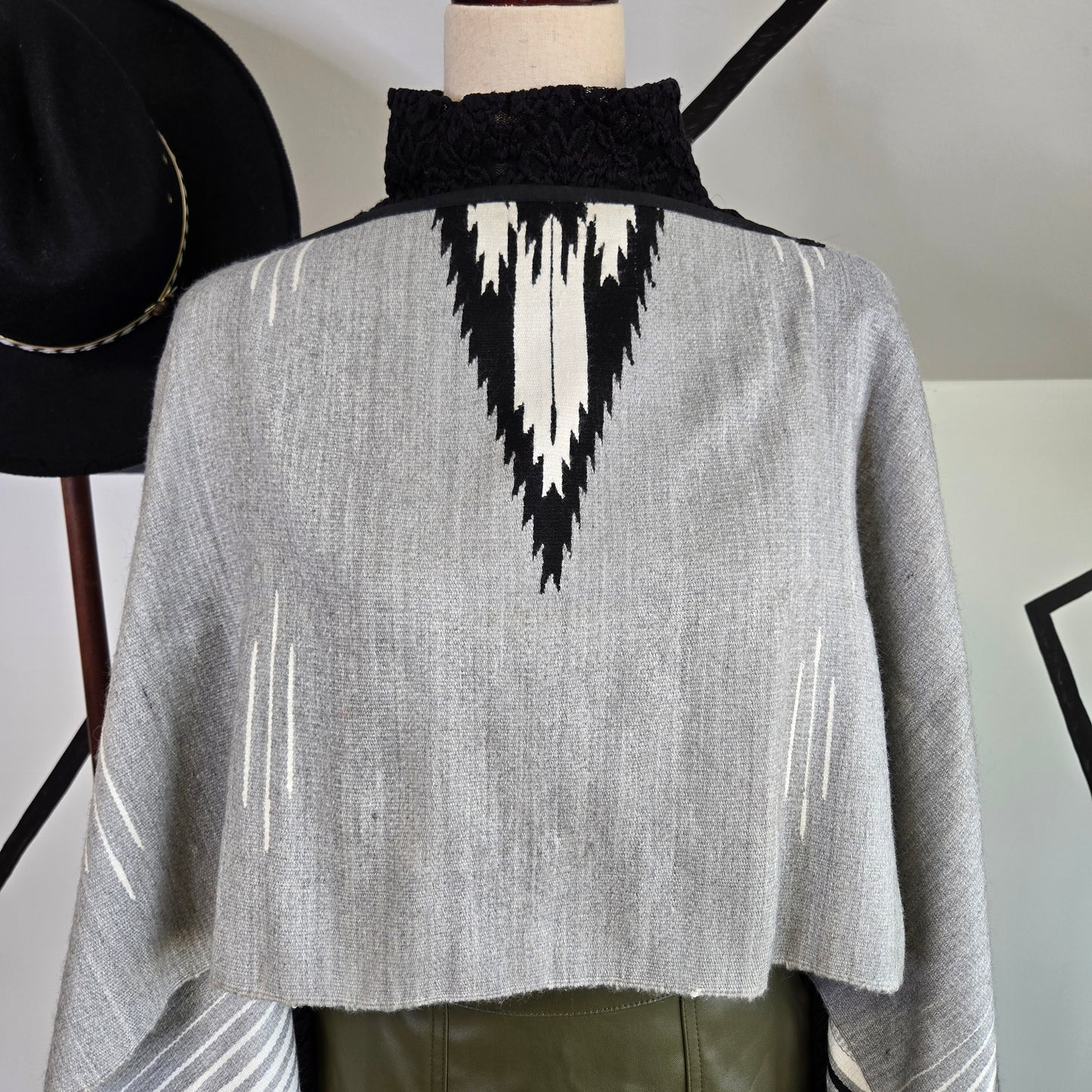 Southwest Cropped Shoulder Shawl in a Neutral Gray and Black Western Pattern - OS