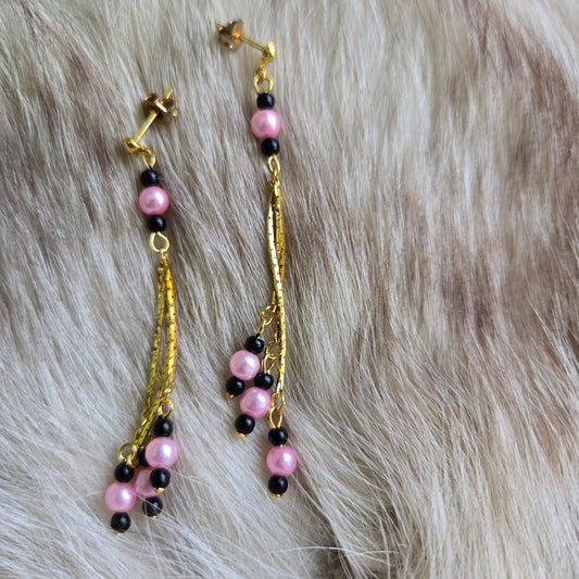 Made in Korea Pink and Black Faux Pearl Drop Earrings - Post Back