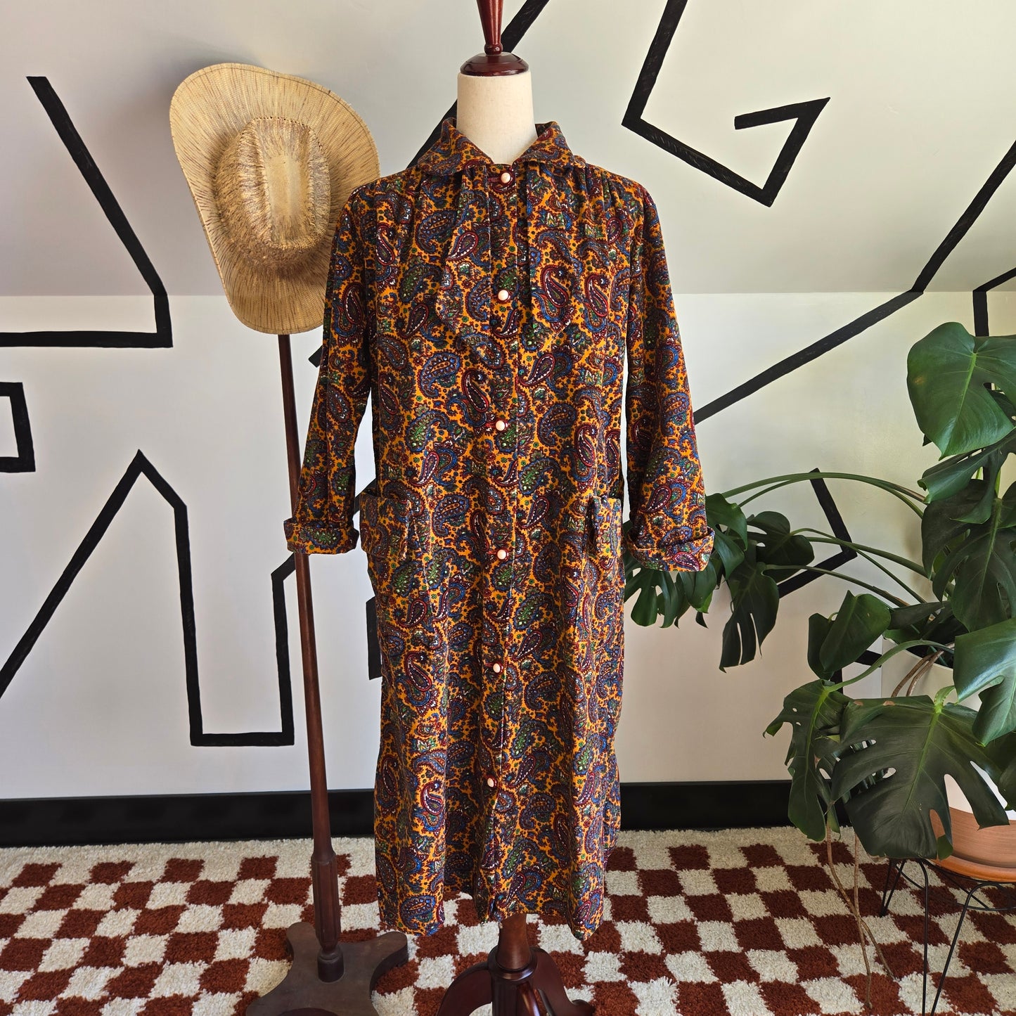 Handmade 60s Paisley Corduroy Button Down Dress with Neck Tie - XL