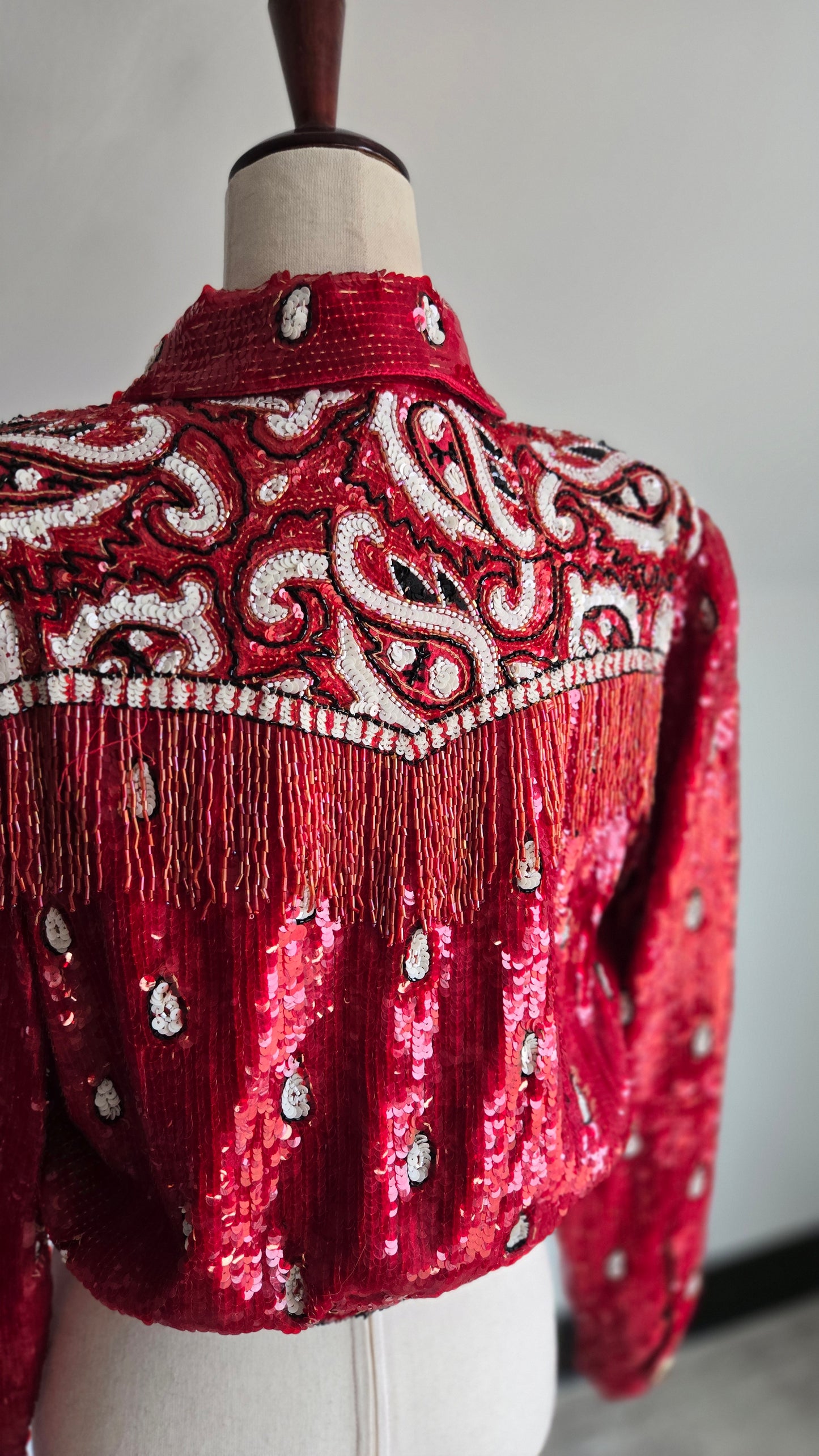 Lillie Rubin Vintage Sequin Western Crop Silk Jacket with Beaded Fringe - small