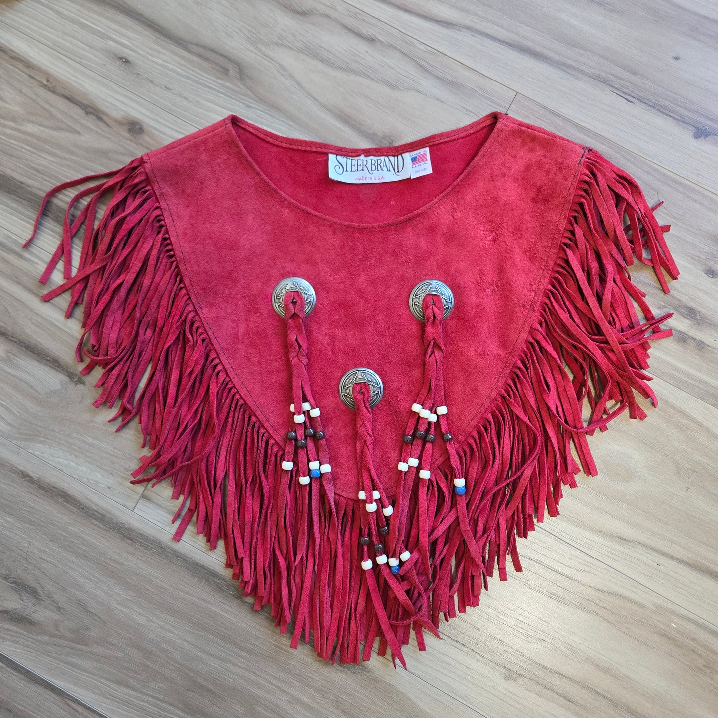 Steer Brand Red Genuine Suede Leather Fringe Cape - OS