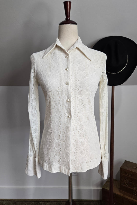 Alex Coleman Vintage 70s Lace Button Down Top - XS/S