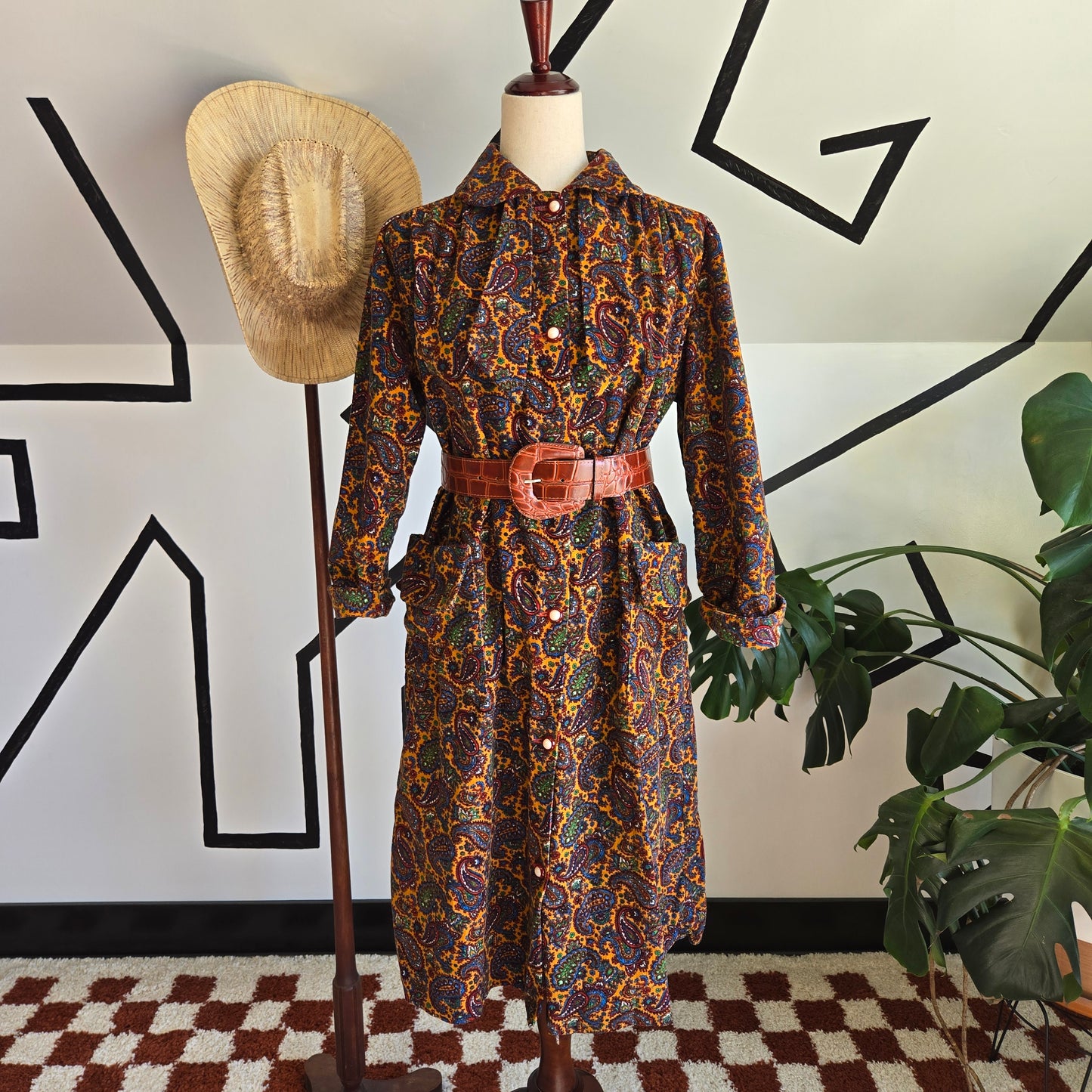 Handmade 60s Paisley Corduroy Button Down Dress with Neck Tie - XL