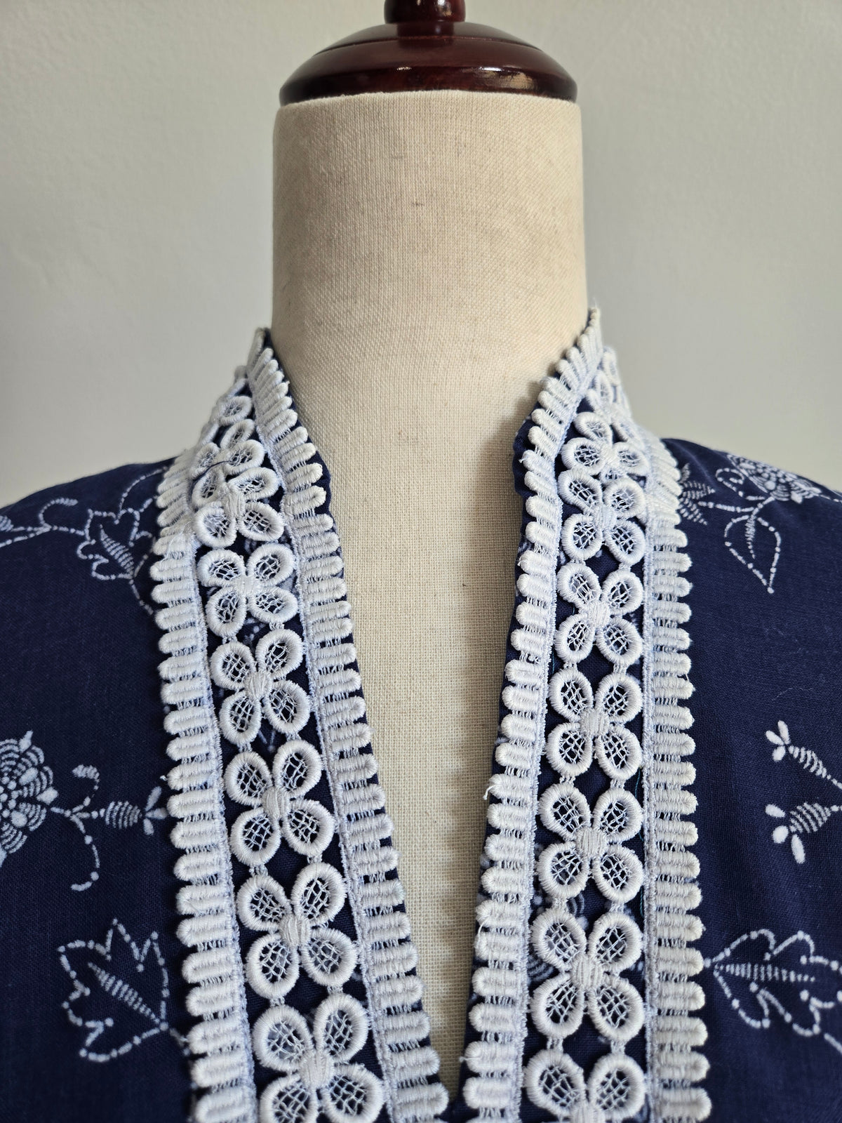 Vintage 70s Navy Blue Floral Embroirdered Maxi Dress - S/M