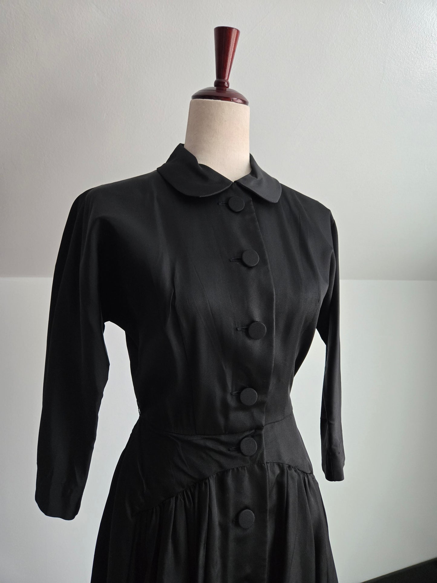 Vintage 1940s Black Satin Day Dress - Small