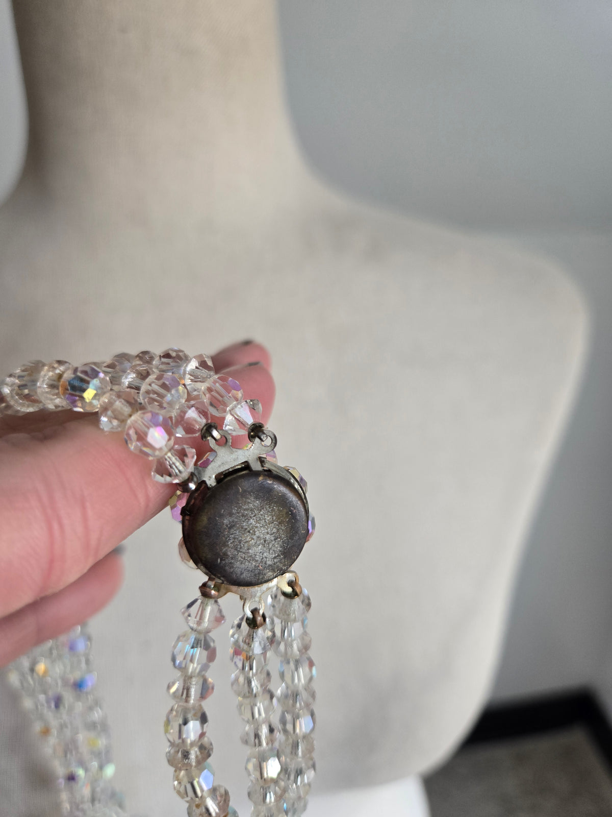 Vintage Three Strand AB Glass Crystal Necklace