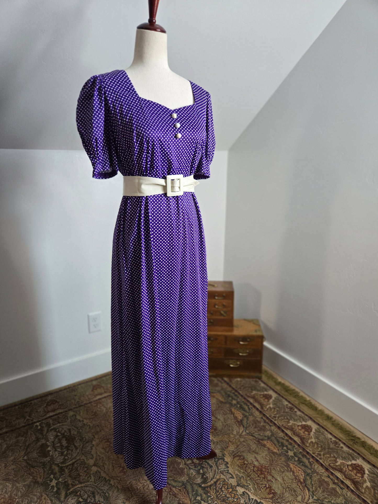 Vintage 60s Nylon Purple Polka Dot Sweetheart Dress - large