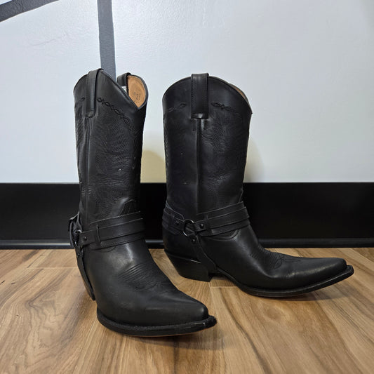 San Pedro Black Leather Western Boots with Ankle Strap