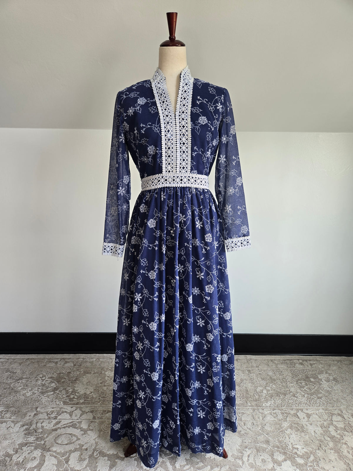Vintage 70s Navy Blue Floral Embroirdered Maxi Dress - S/M