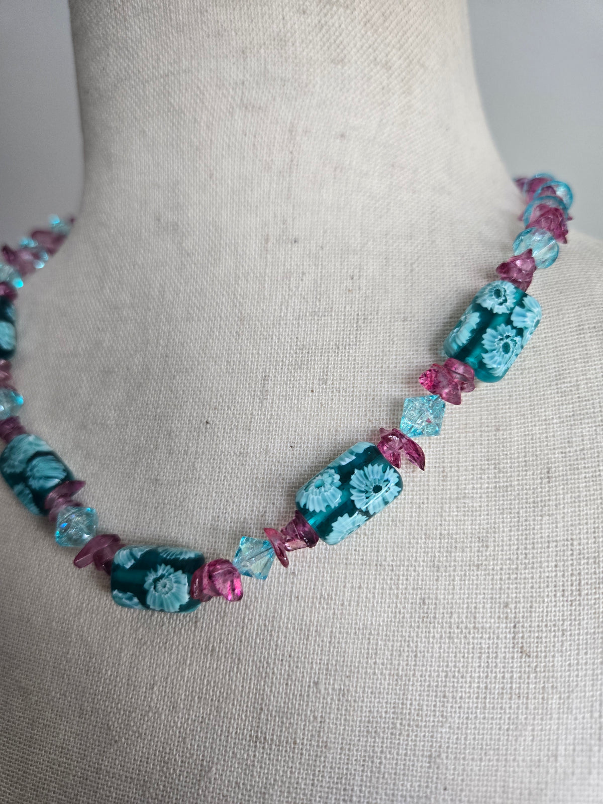 Turquoise and Pink Art Glass Bead Necklace