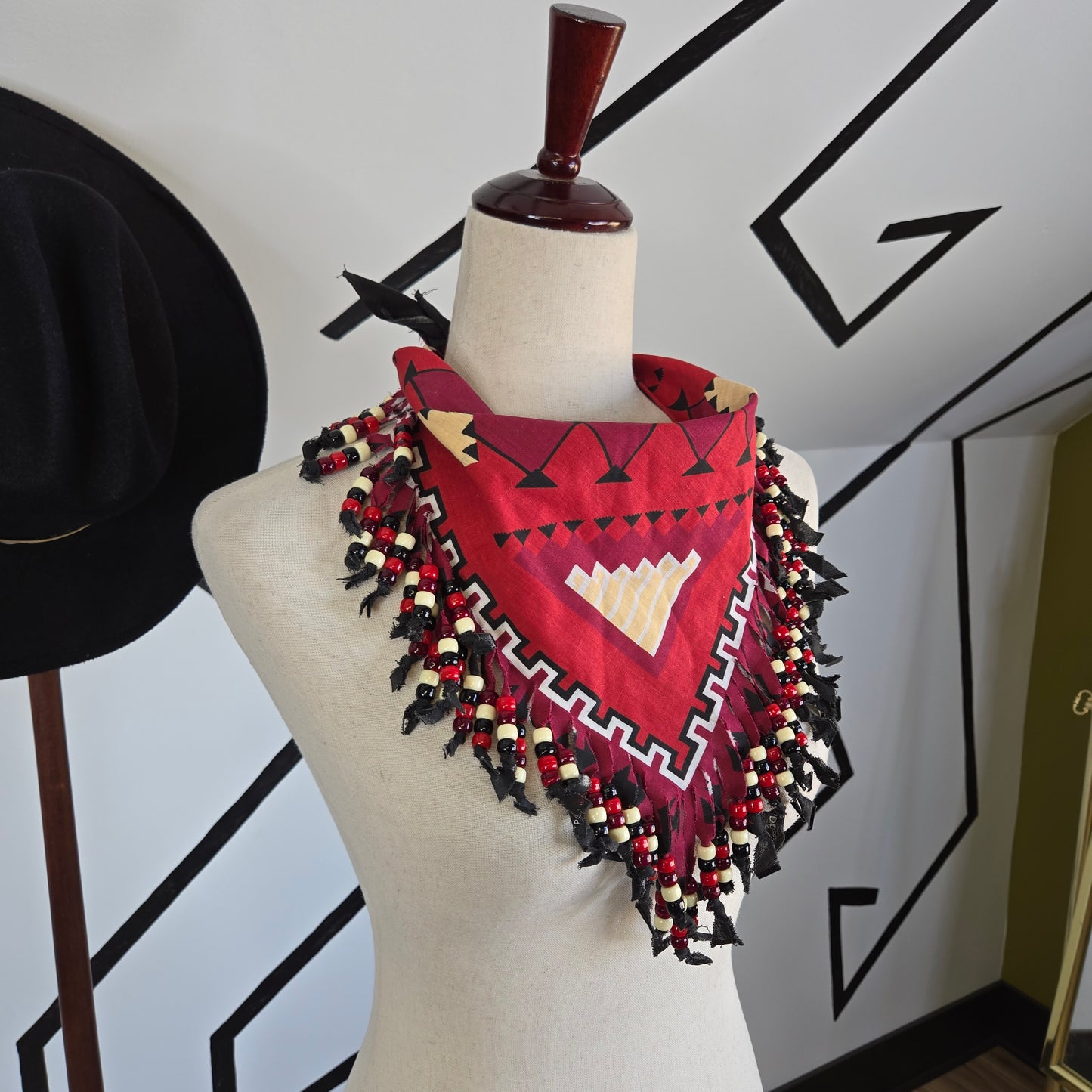 Red Western Neck Tie Bandana with Beaded Fringe