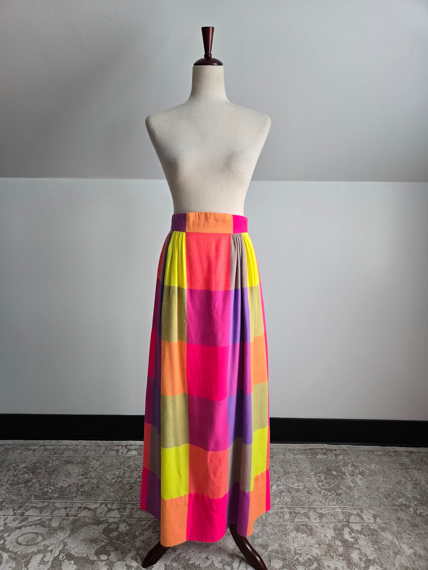 Vintage 70s Neon Plaid Matching Skirt and Scarf Set - W28"