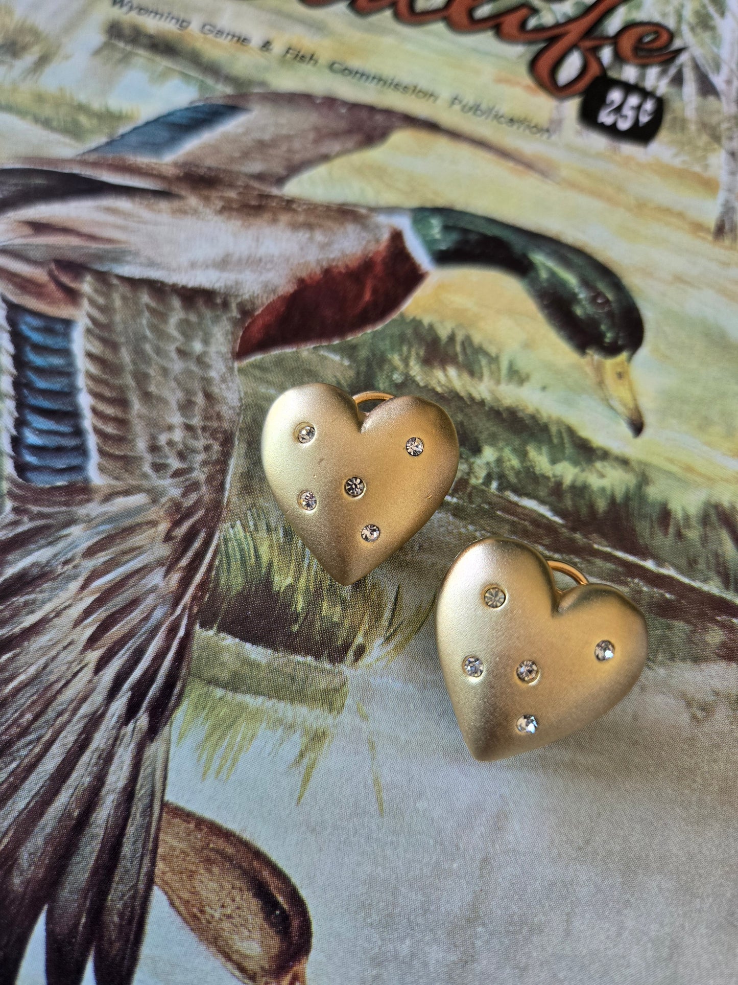 Vintage Matte Gold Heart and Rhinestone Earrings - Pierced