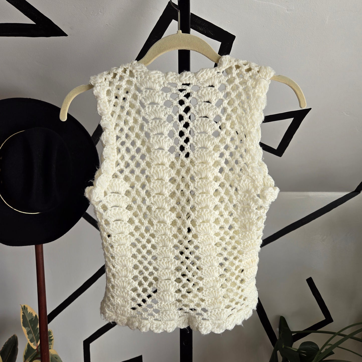 Vintage 1970s Handmade Crochet White Tank - Small