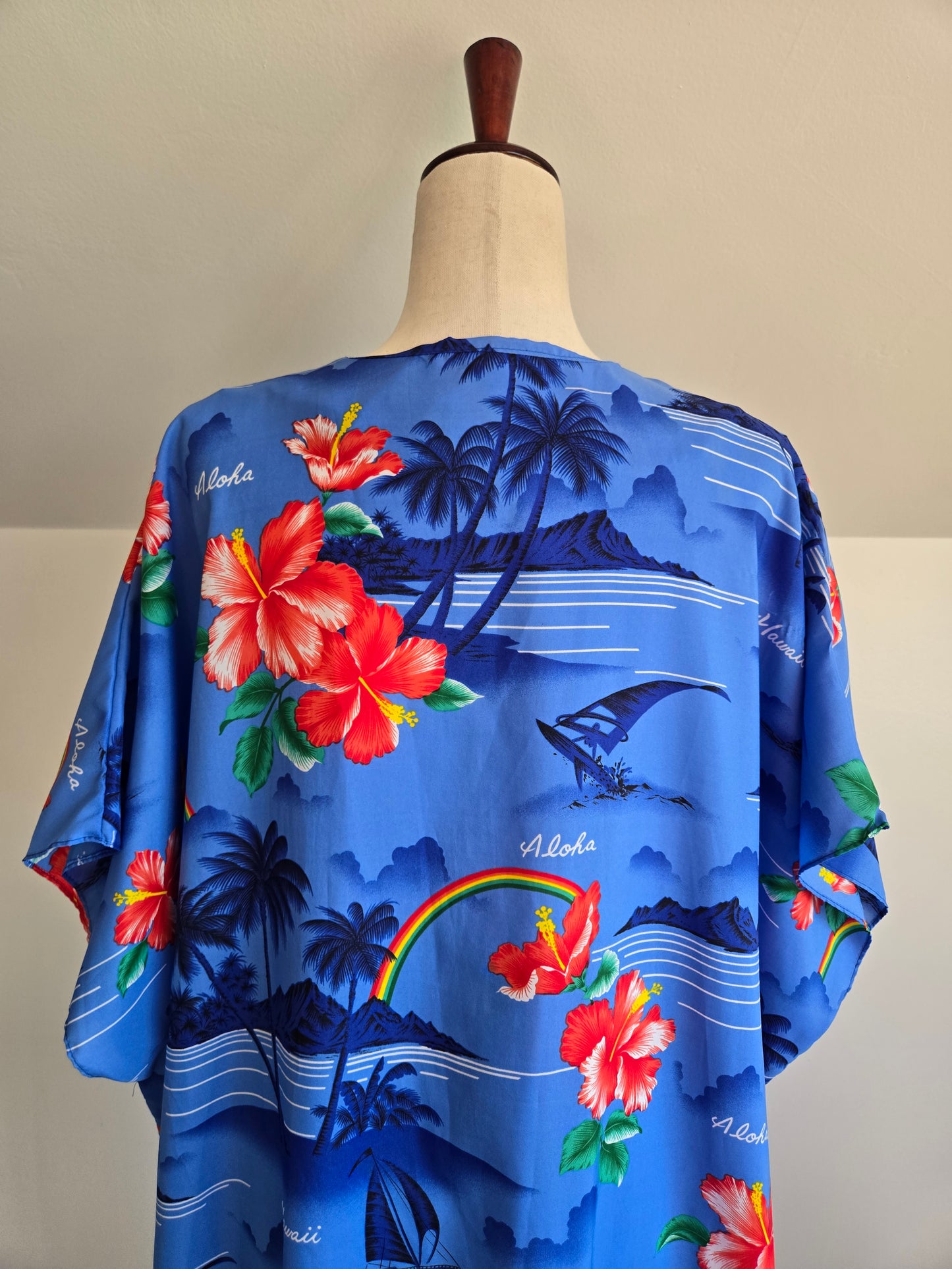 Made in Hawaii Blue Beach Scene and Rainbows Caftan - OS