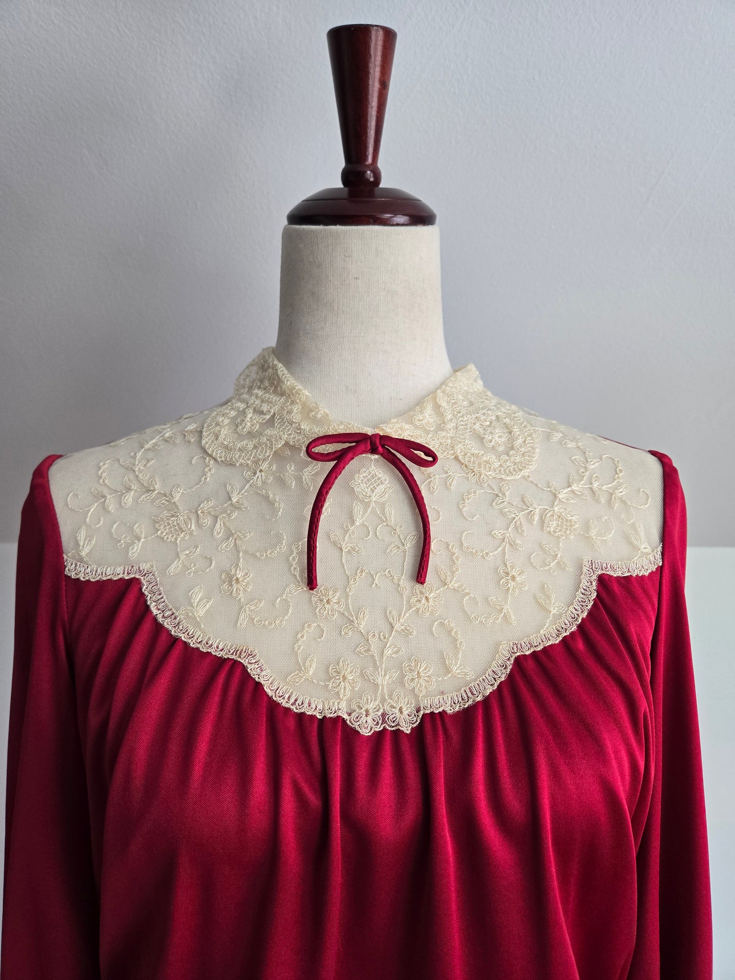 Vintage 1970s Red Slinky Maxi Dress with Shear Lace - Medium