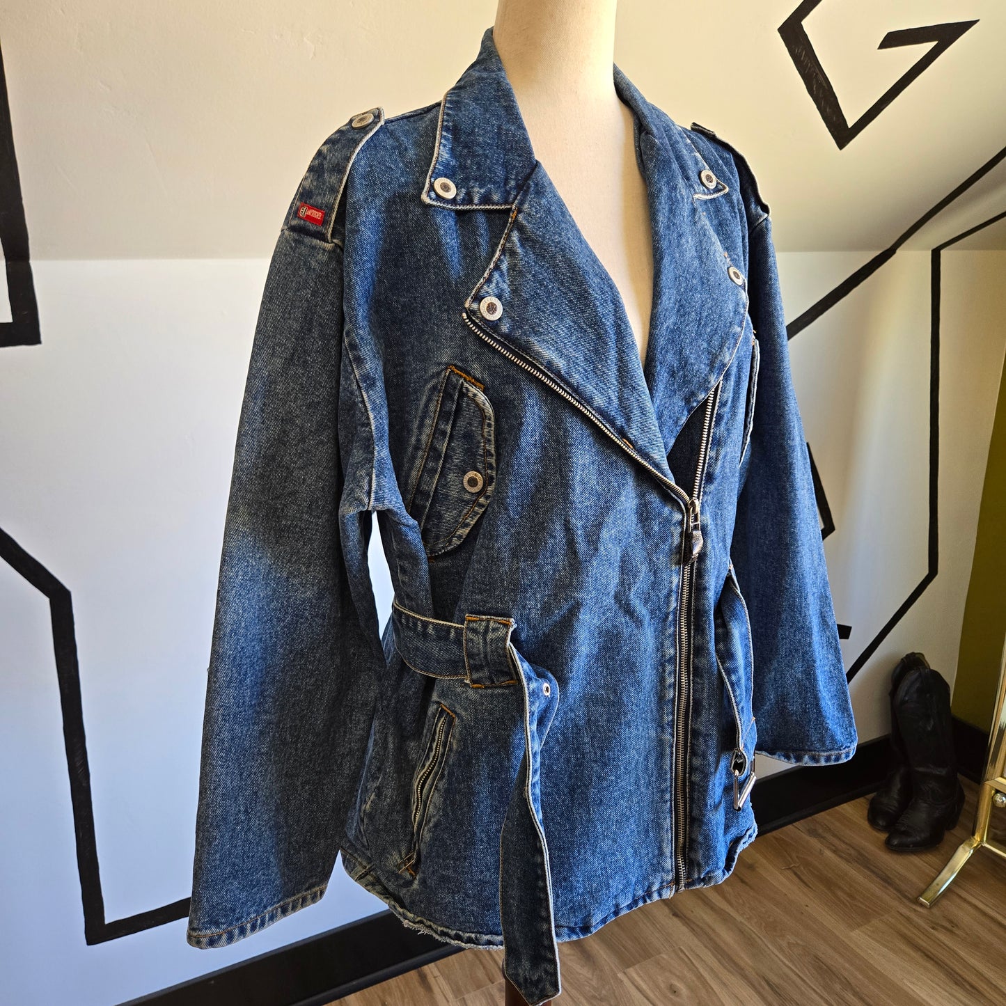 Gasoline Vintage 80s Denim Moto Jacket with Belt - Large