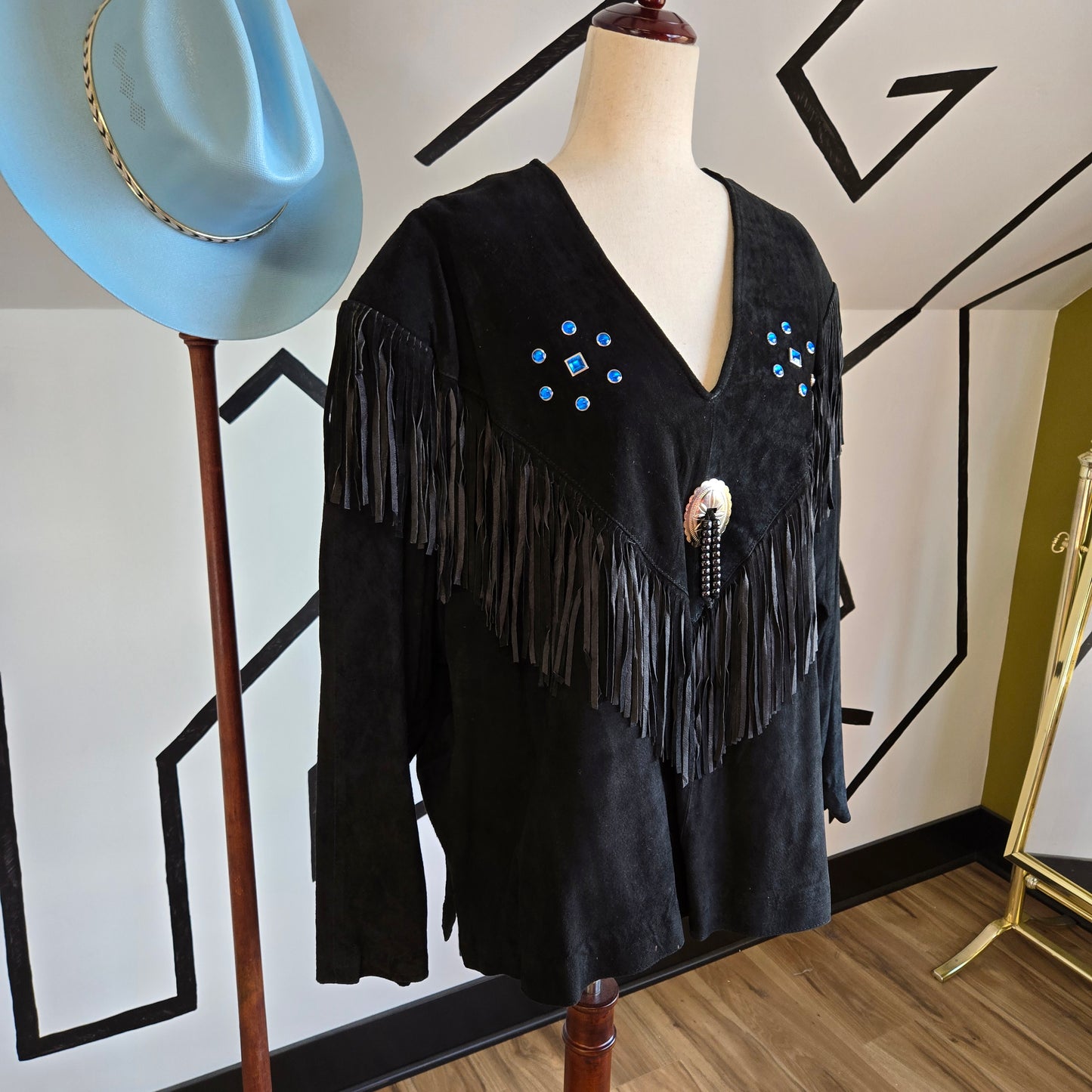 Vintage 90s Black Suede Fringe Top with Blue Gems - 2XL