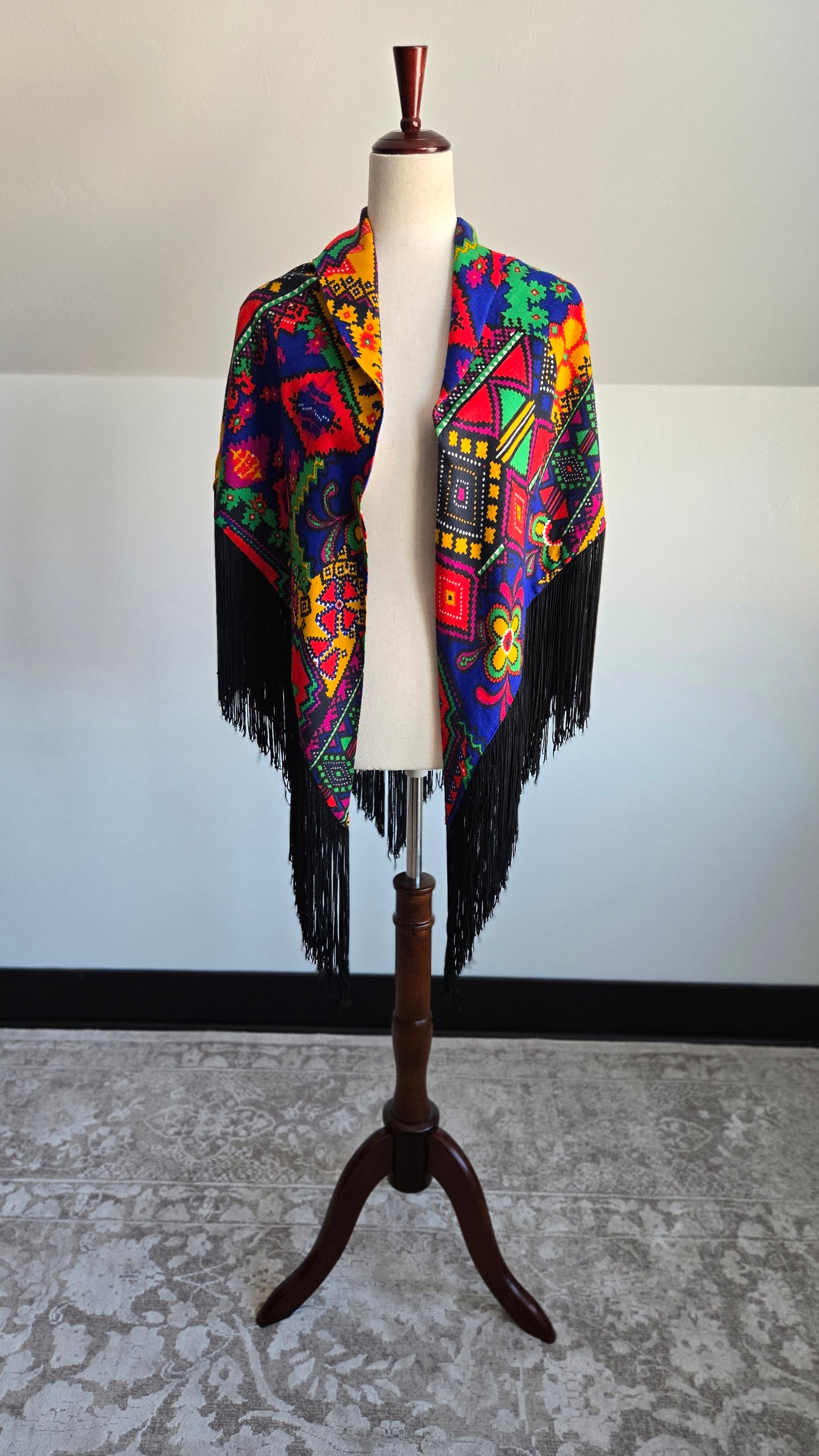 Vintage Barkcloth Dayglo Shawl with Fringe - OS