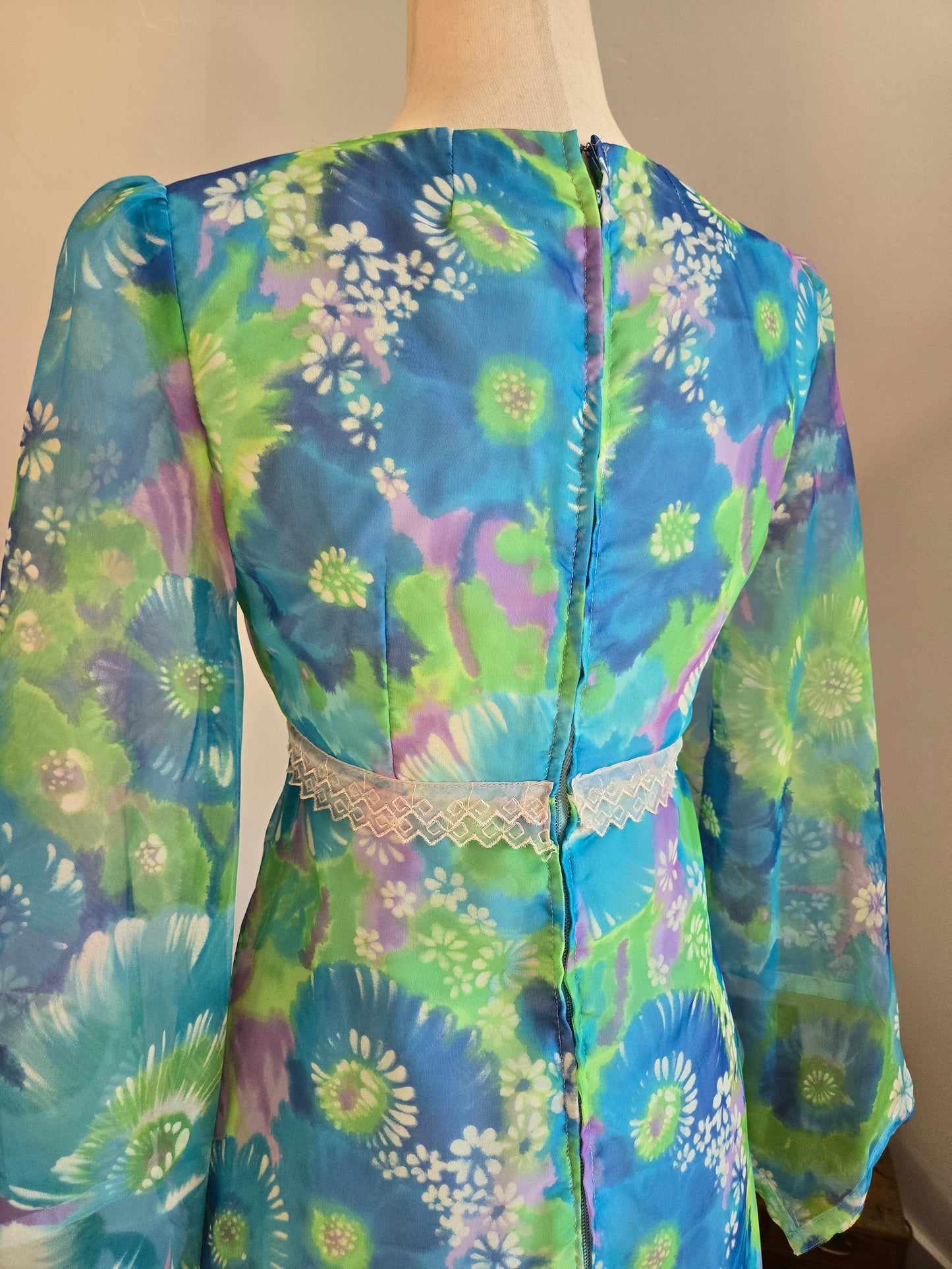 Vintage 70s Blue and Purple Psychedelic Floral Print Maxi Dress -