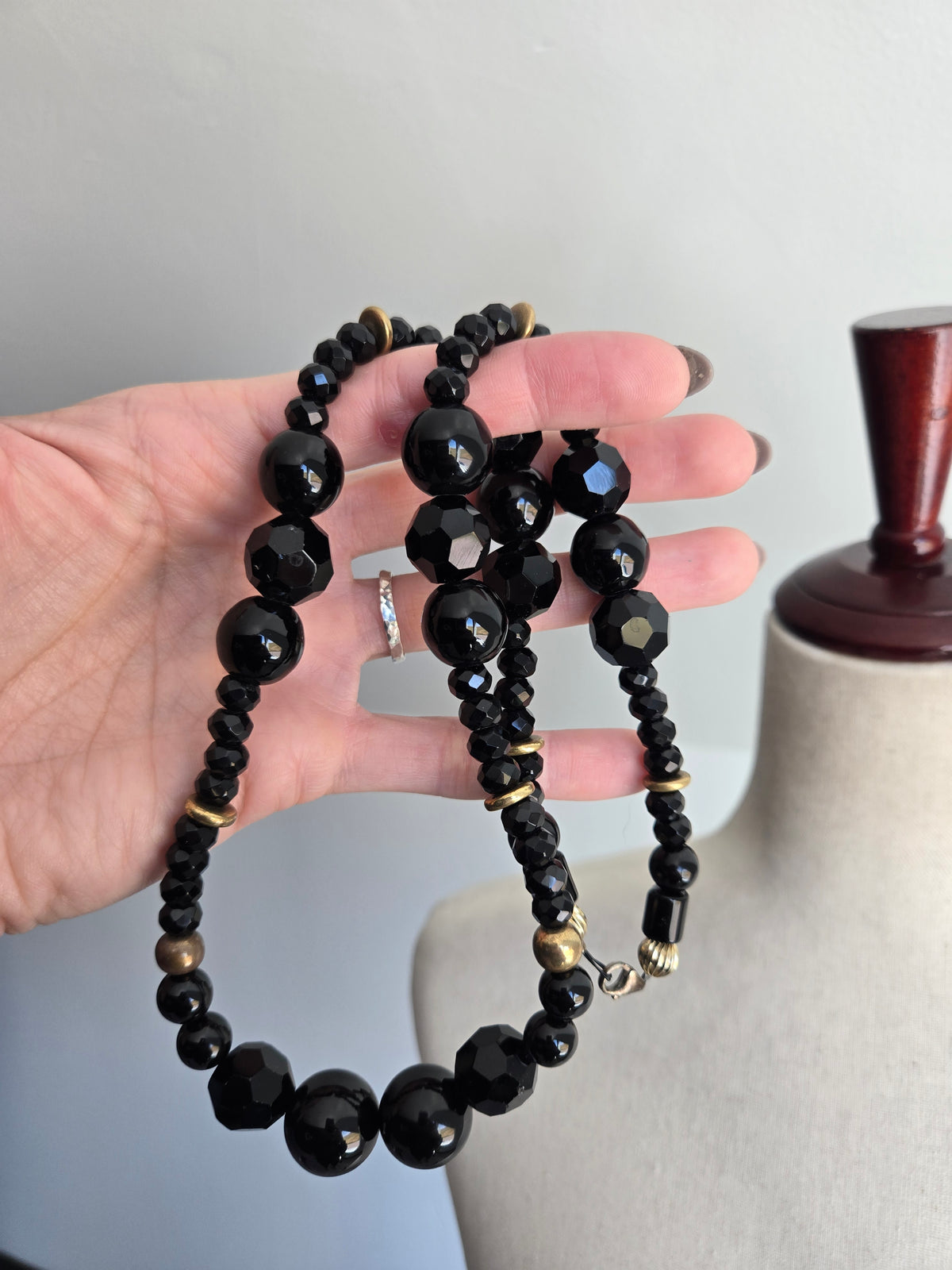 Vintage Large Black Glass Bead Necklace