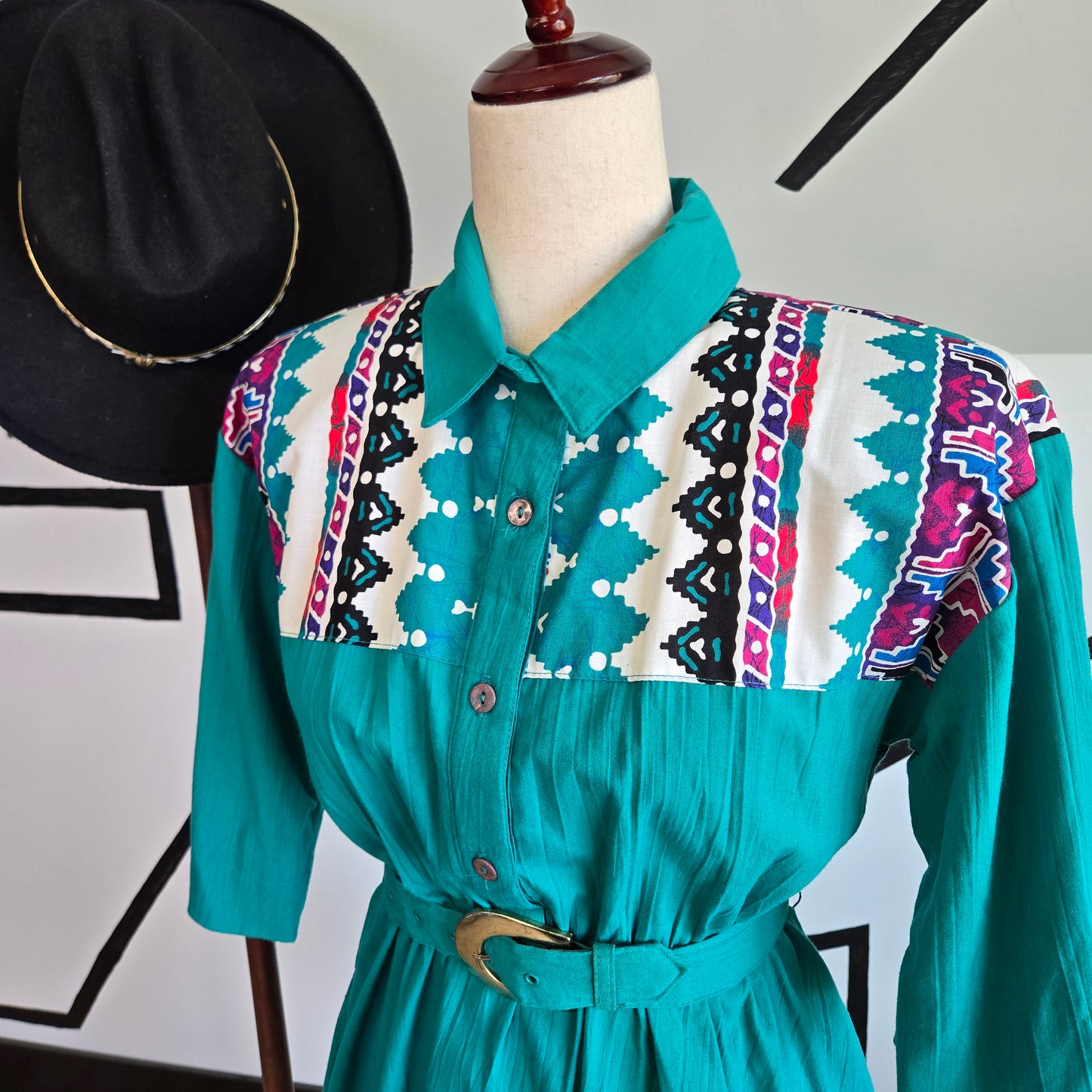 Tapestry Vintage 1980s Turquoise Western Dress - medium/large