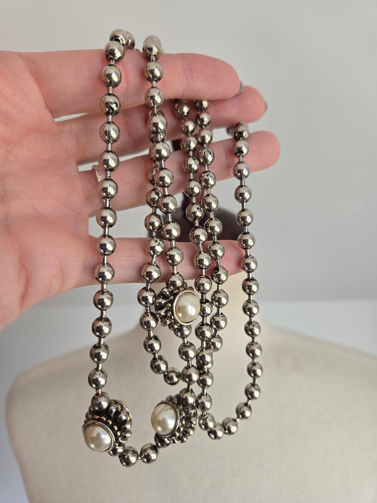 Vintage Metal Bead Necklace with Pearl Cabs