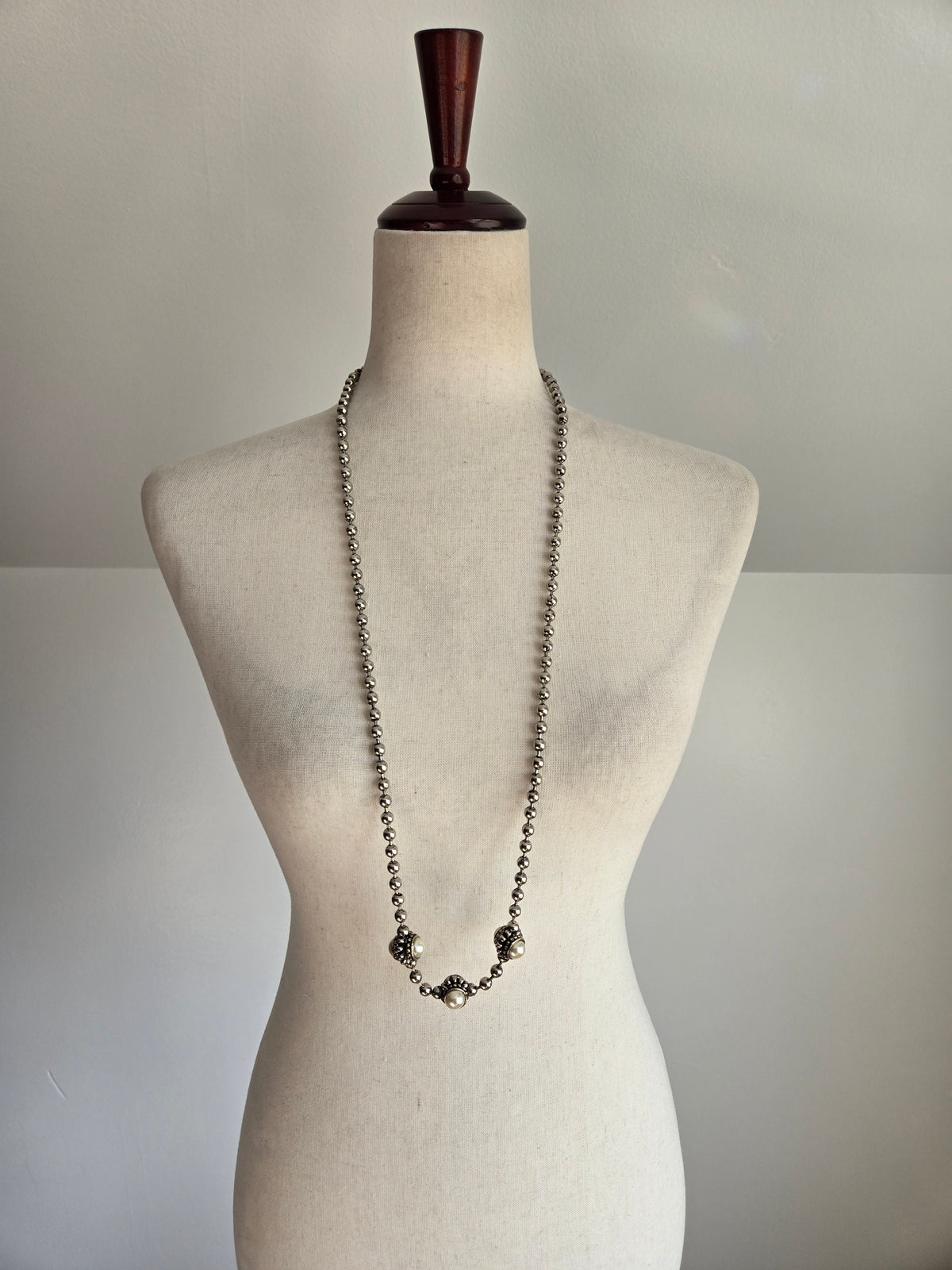 Vintage Metal Bead Necklace with Pearl Cabs