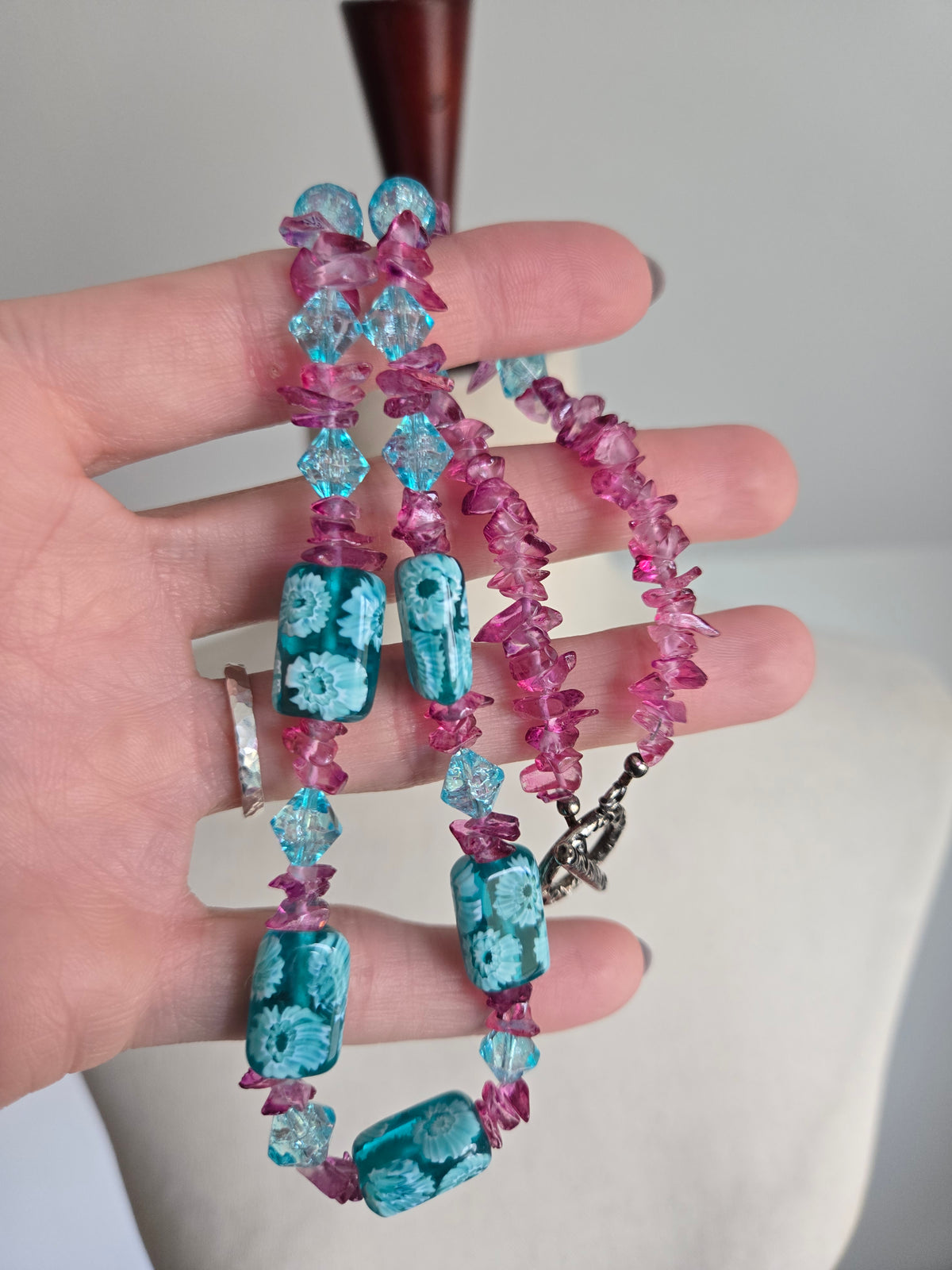 Turquoise and Pink Art Glass Bead Necklace