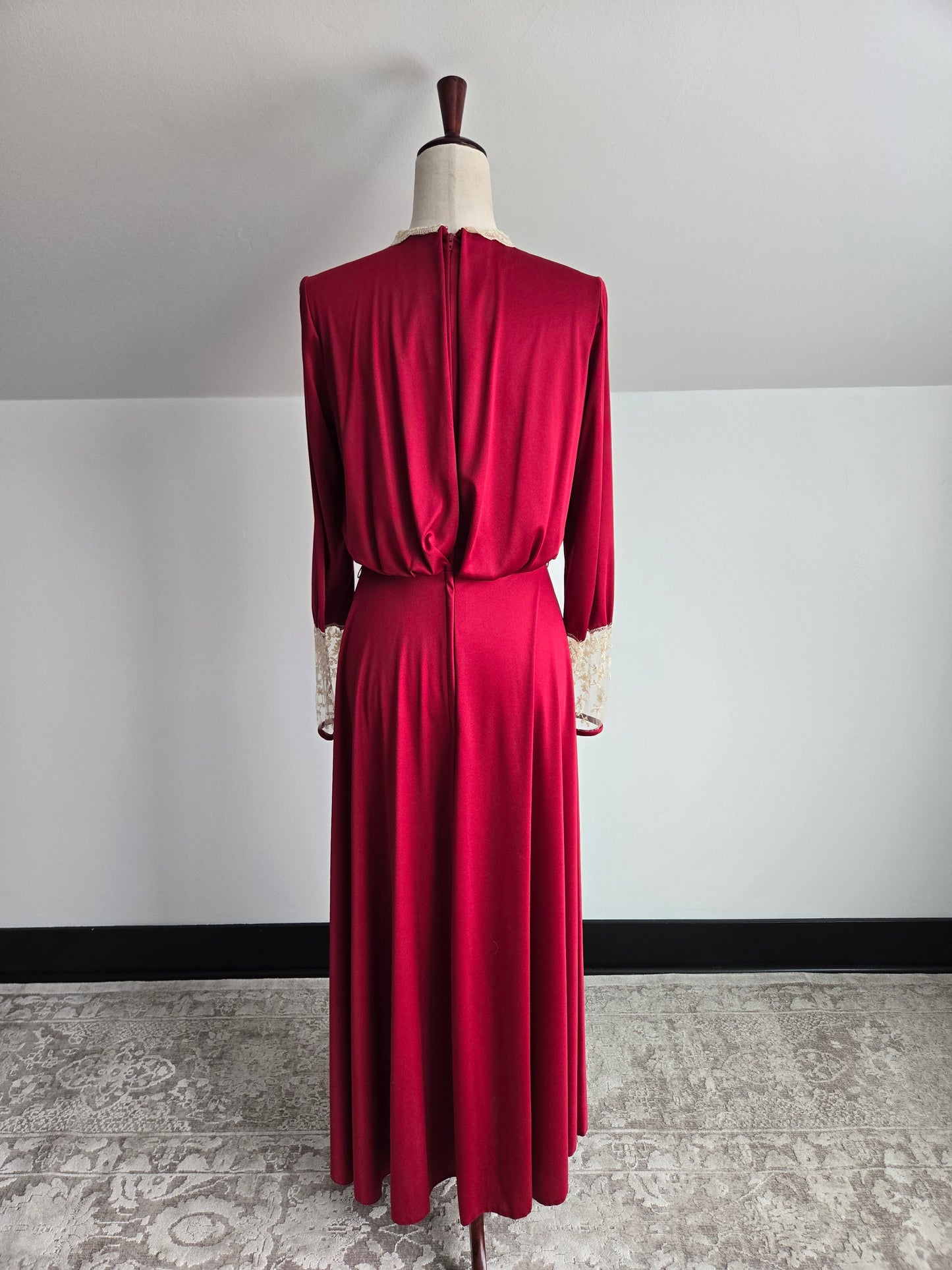 Vintage 1970s Red Slinky Maxi Dress with Shear Lace - Medium
